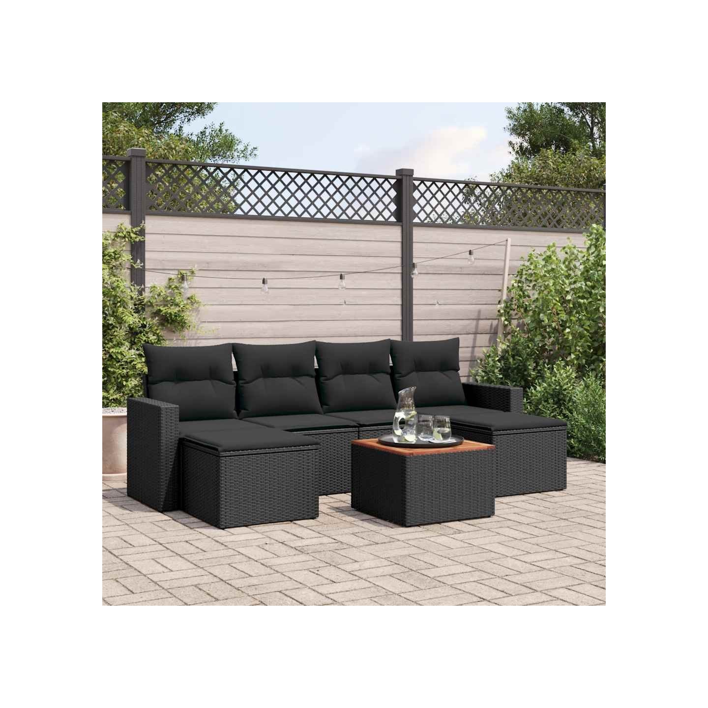 Salon de jardin 7 pcs avec coussins noir résine tressée