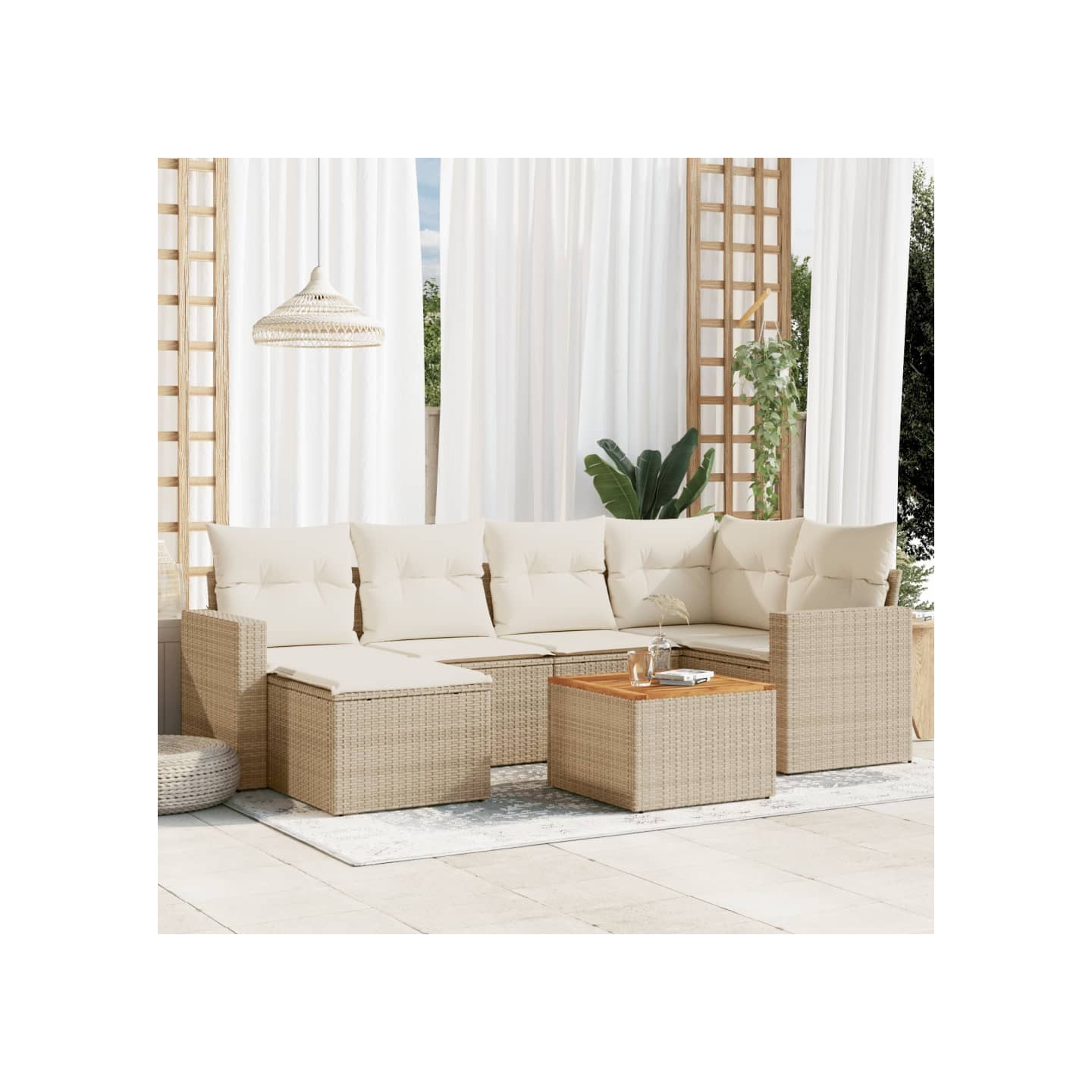 Salon de jardin avec coussins 7 pcs beige résine tressée