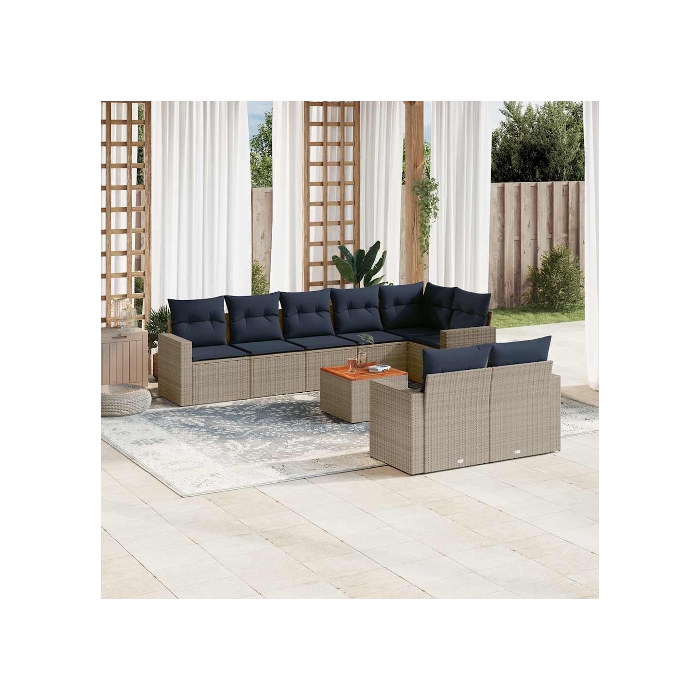 Salon de jardin 9 pcs avec coussins gris résine tressée
