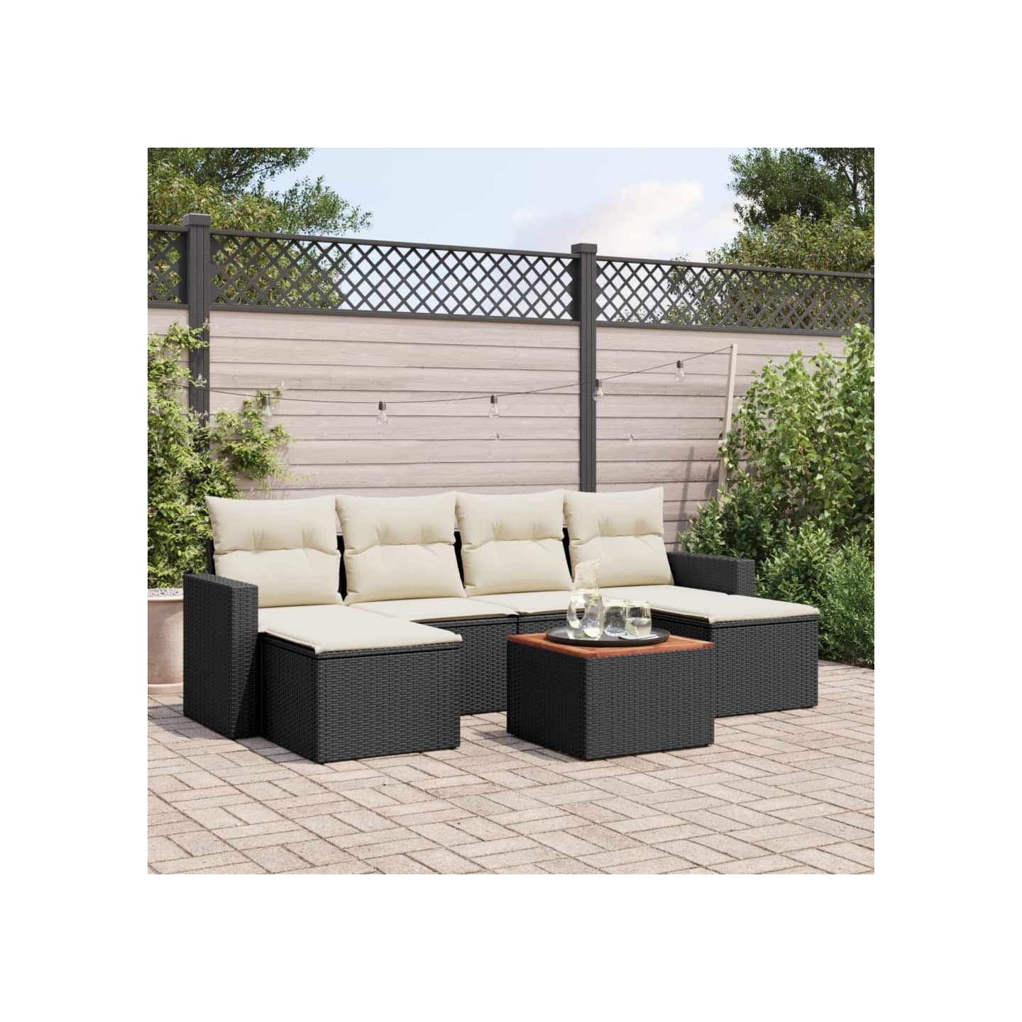 Salon de jardin 7 pcs avec coussins noir résine tressée