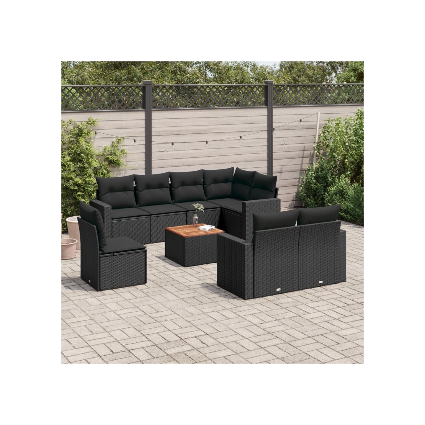 Salon de jardin 9 pcs avec coussins noir résine tressée