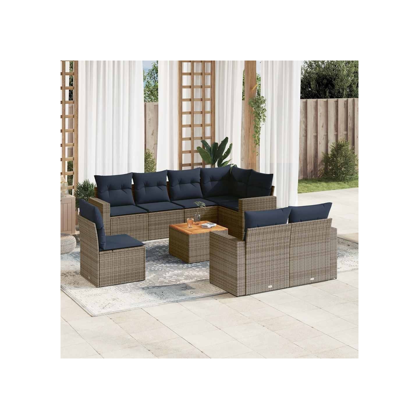 Salon de jardin 9 pcs avec coussins gris résine tressée