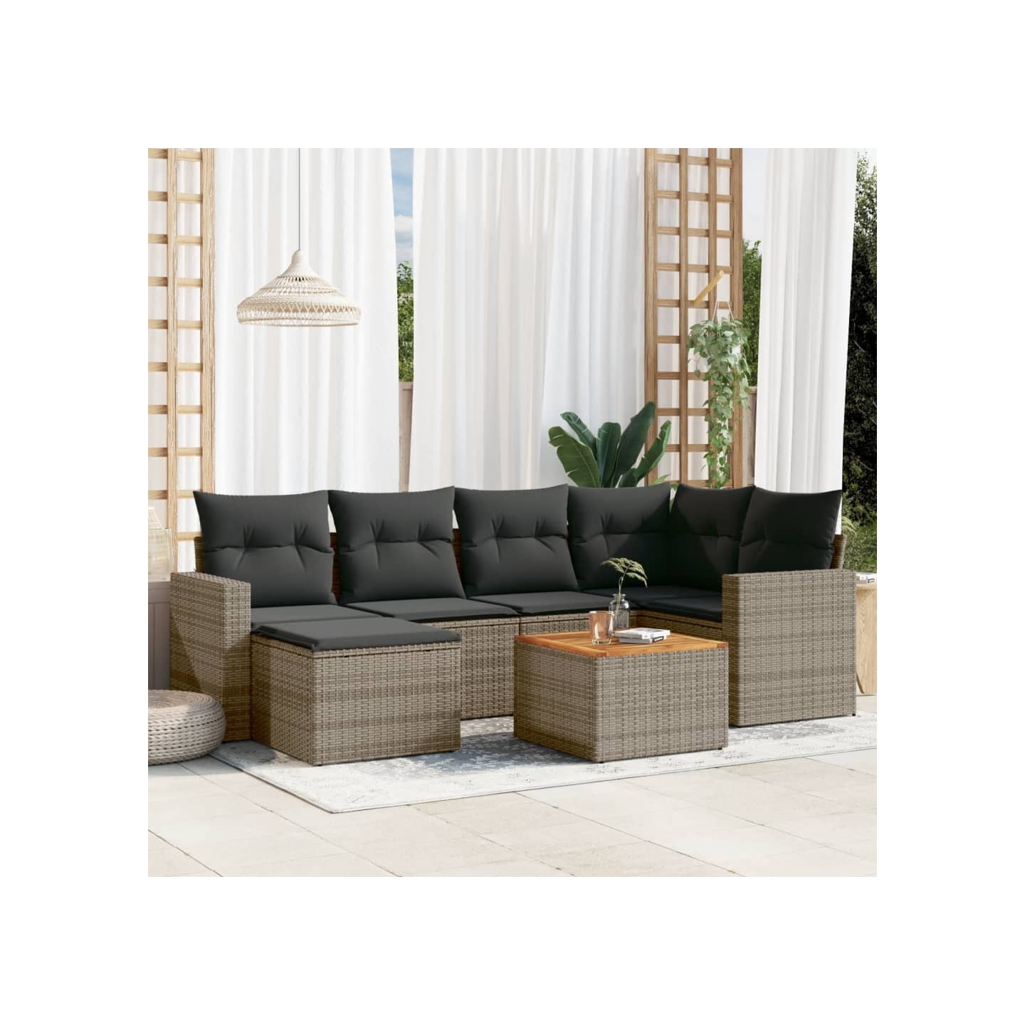 Salon de jardin avec coussins 7 pcs gris résine tressée