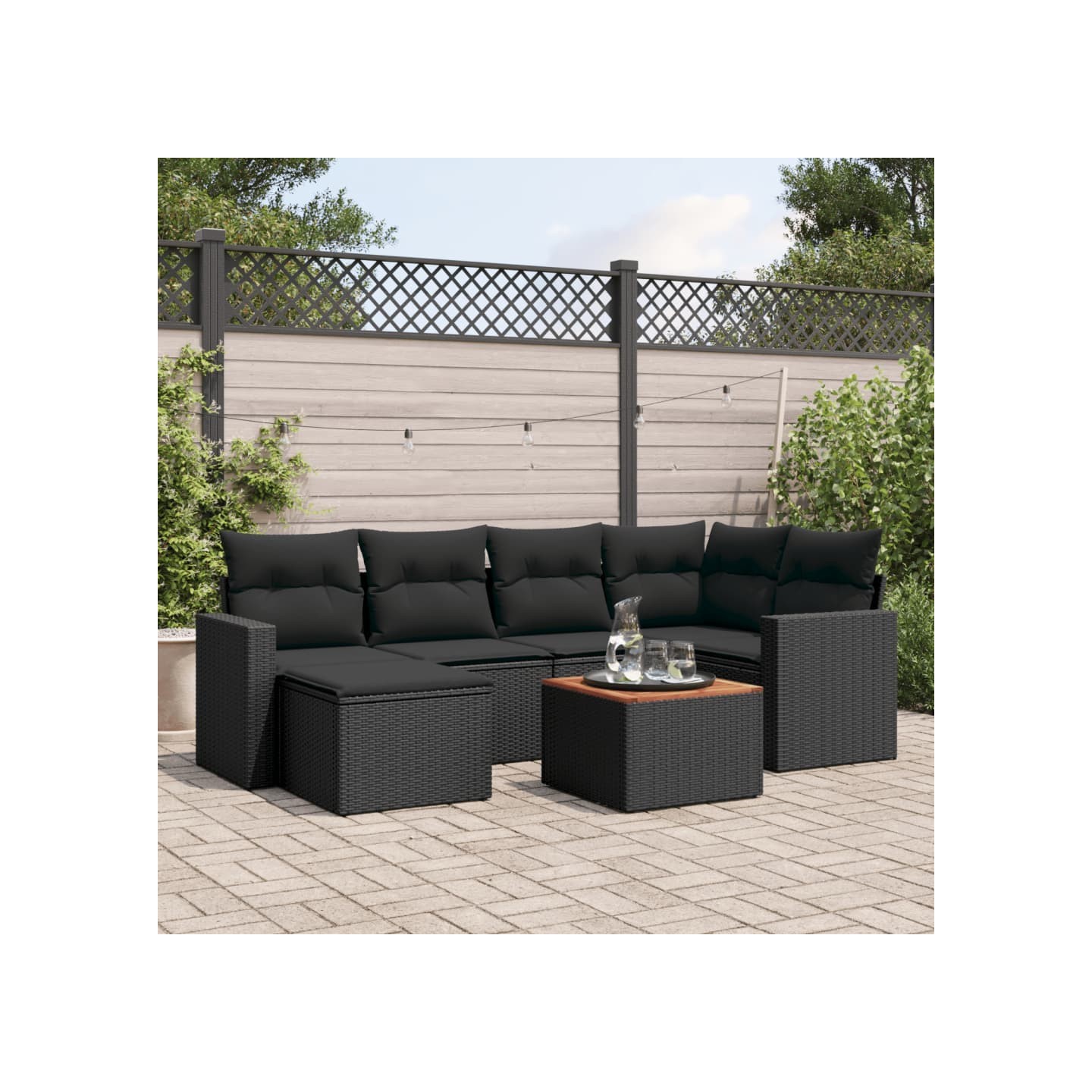 Salon de jardin 7 pcs avec coussins noir résine tressée