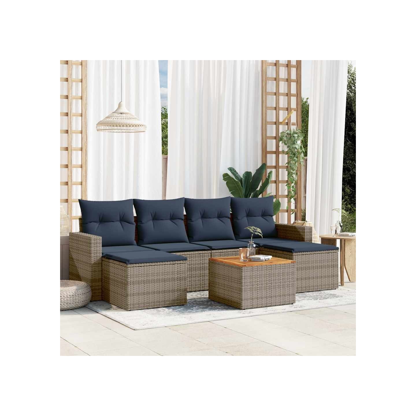 Ensemble de canapé de jardin 7 pcs avec coussins gris résine tressée