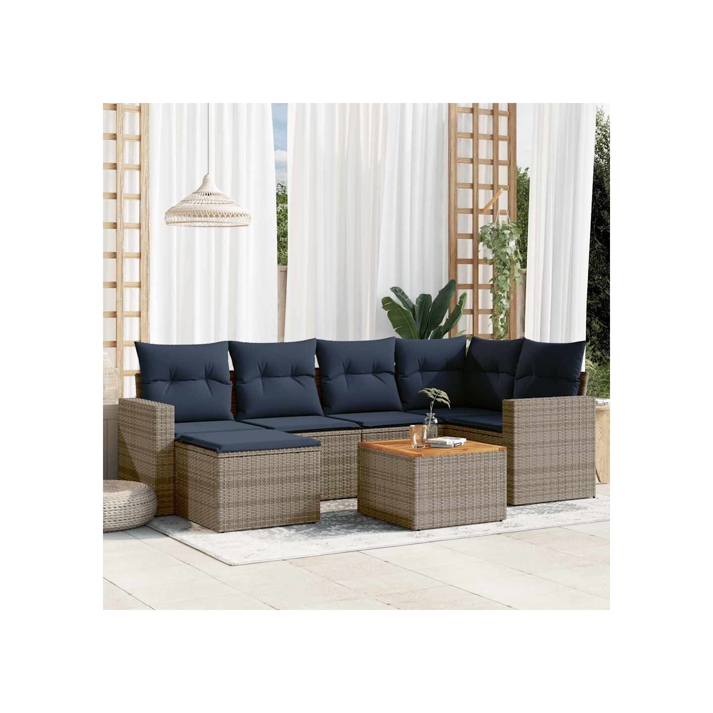 Ensemble de canapé de jardin 7 pcs avec coussins gris résine tressée