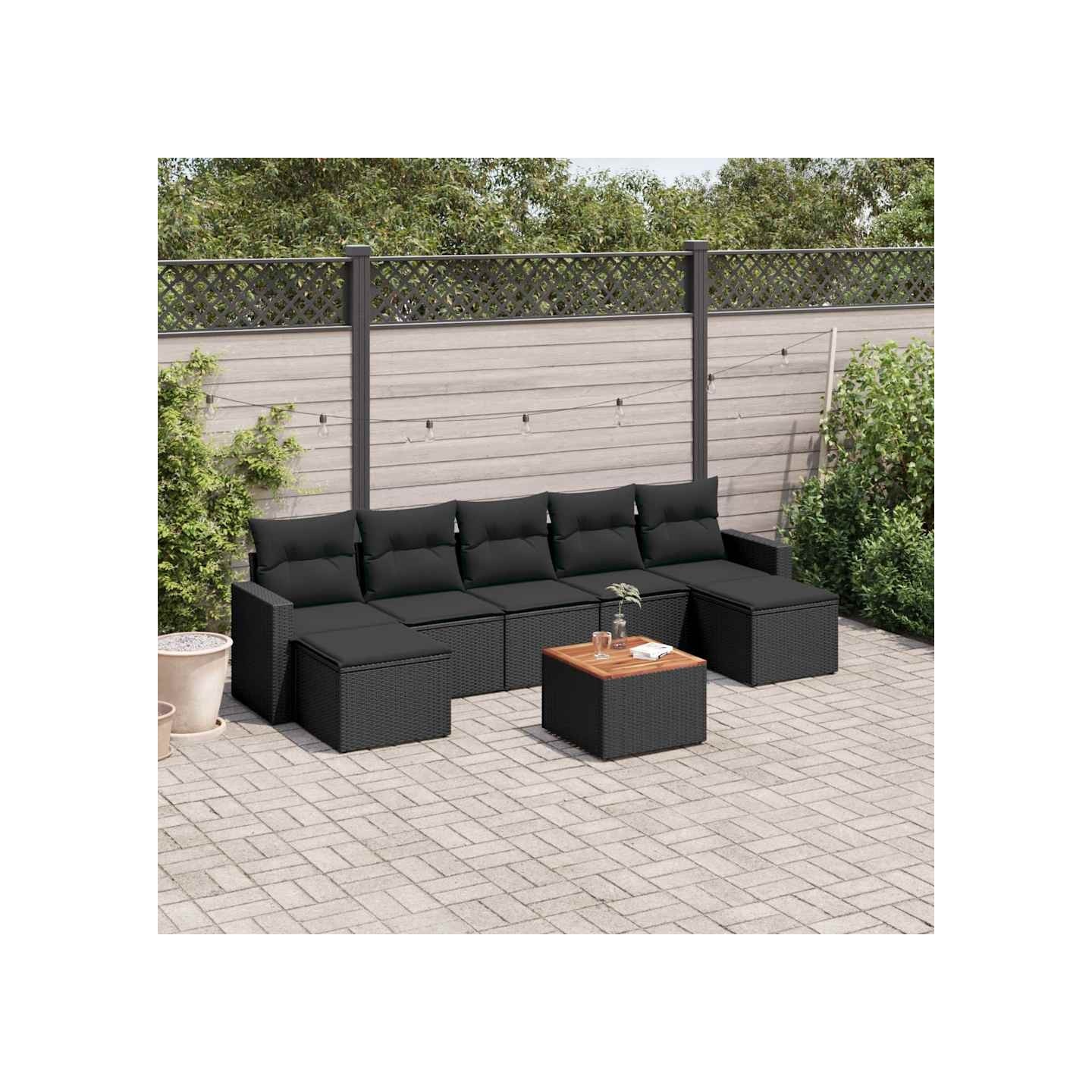 Salon de jardin 8 pcs avec coussins noir résine tressée