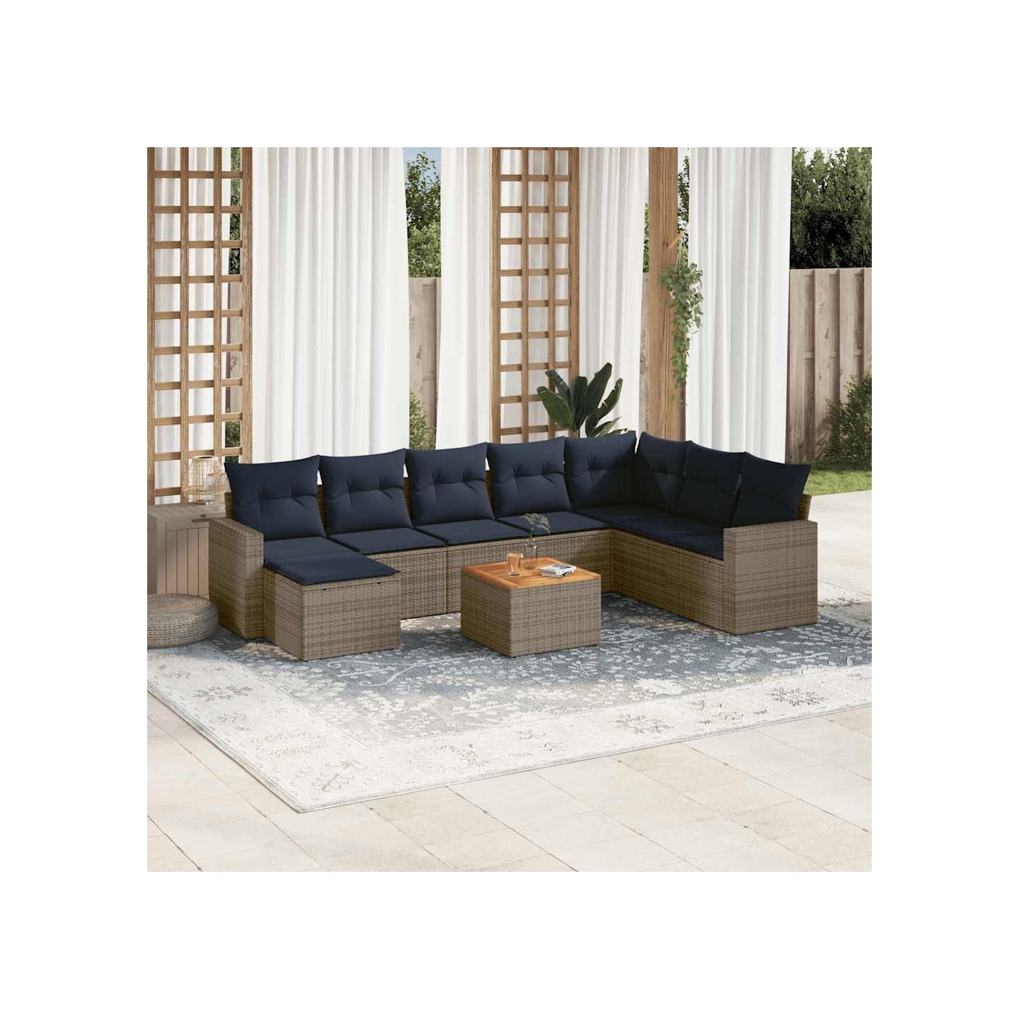 Ensemble de canapé de jardin 9 pcs avec coussins gris résine tressée