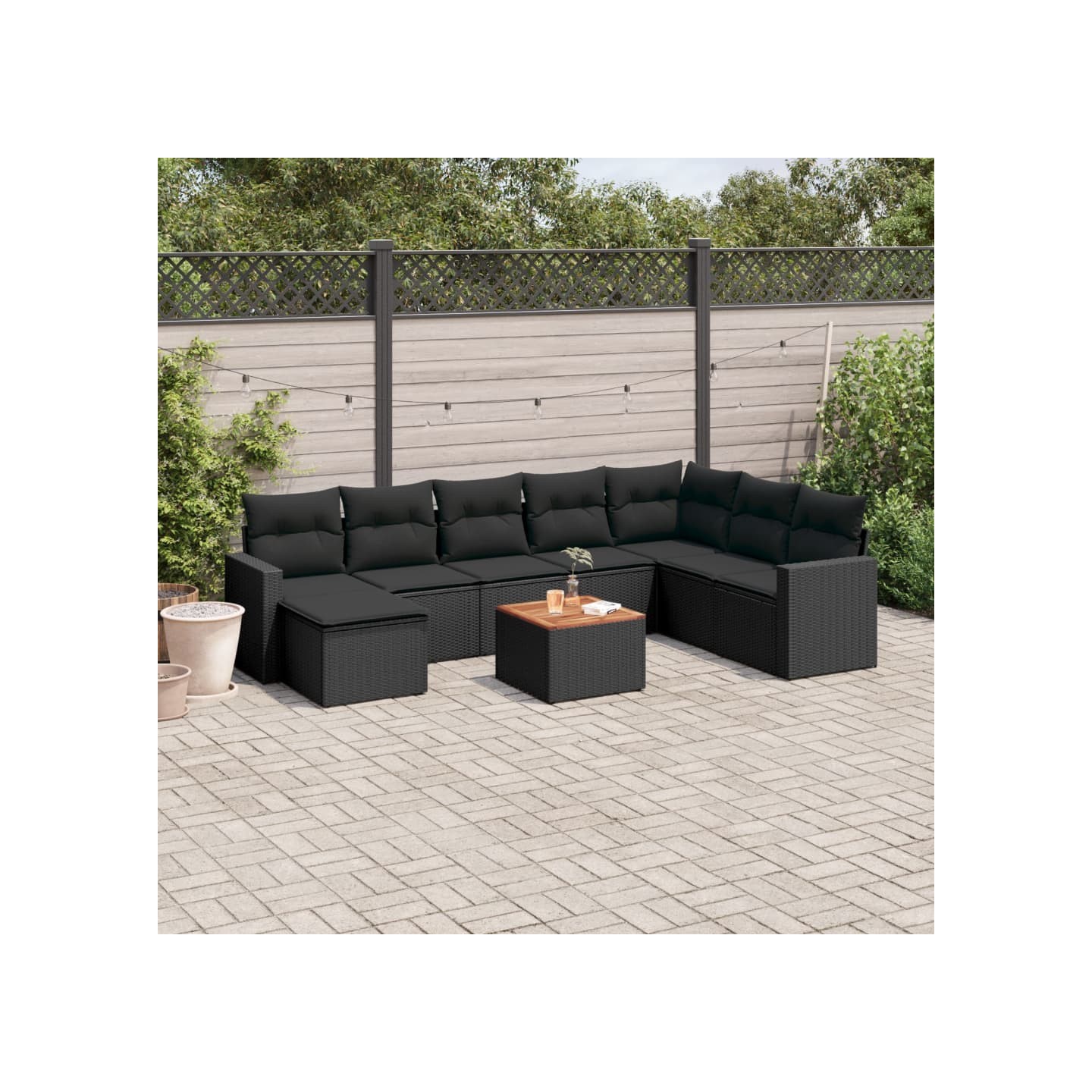 Salon de jardin 9 pcs avec coussins noir résine tressée