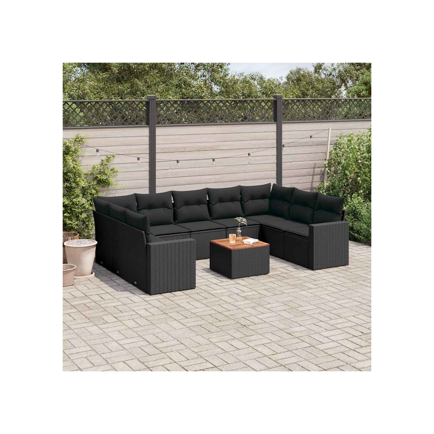 Salon de jardin 10 pcs avec coussins noir résine tressée