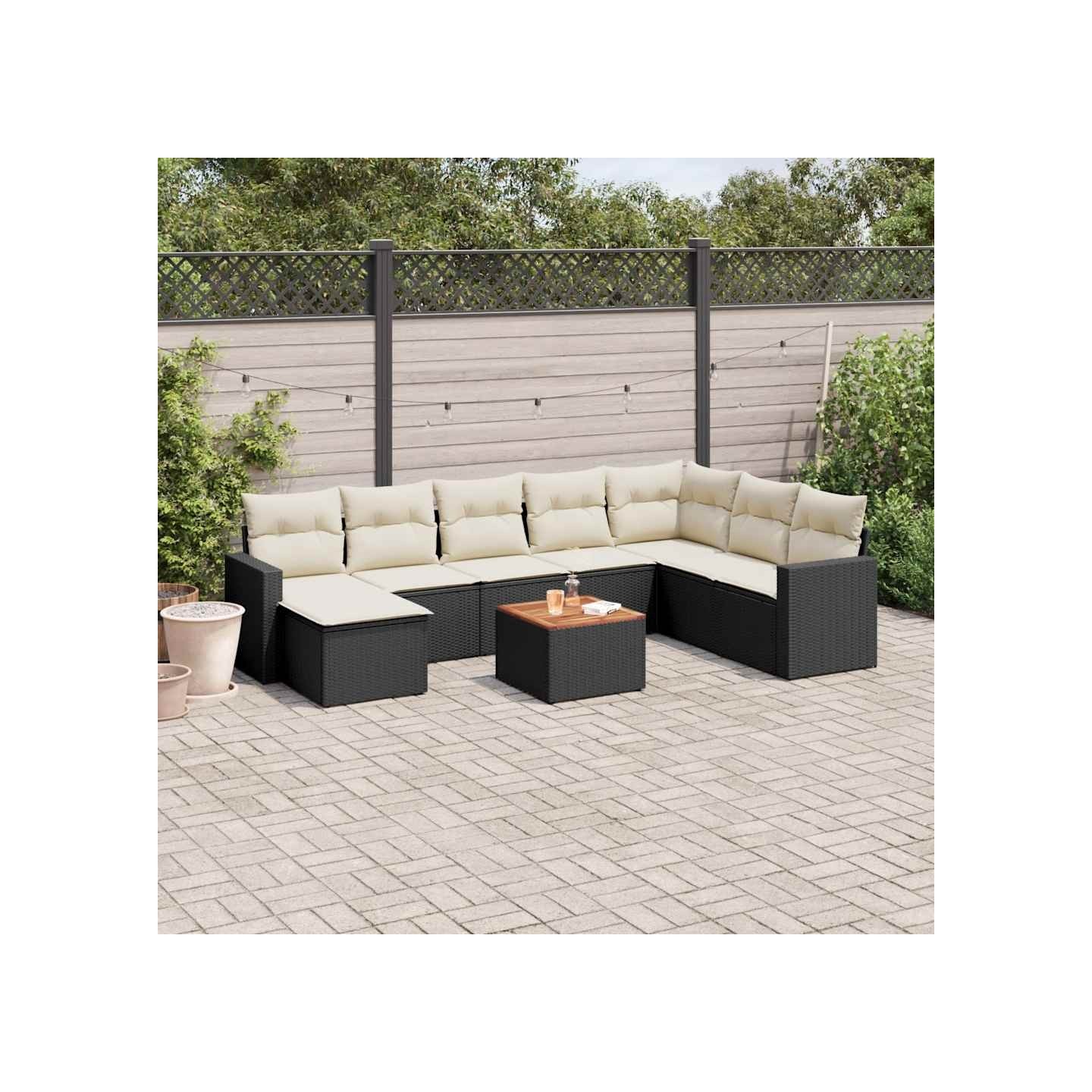 Salon de jardin 9 pcs avec coussins noir résine tressée