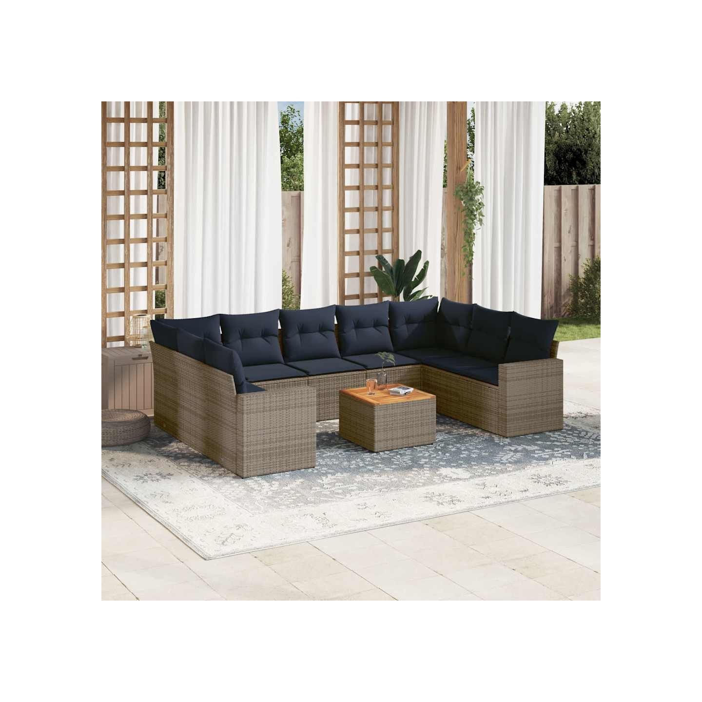 Salon de jardin 10 pcs avec coussins gris résine tressée