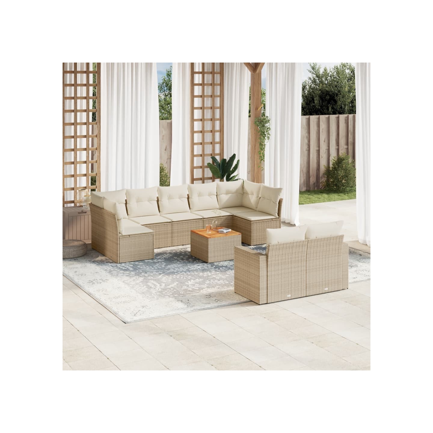 Salon de jardin avec coussins 10 pcs beige résine tressée