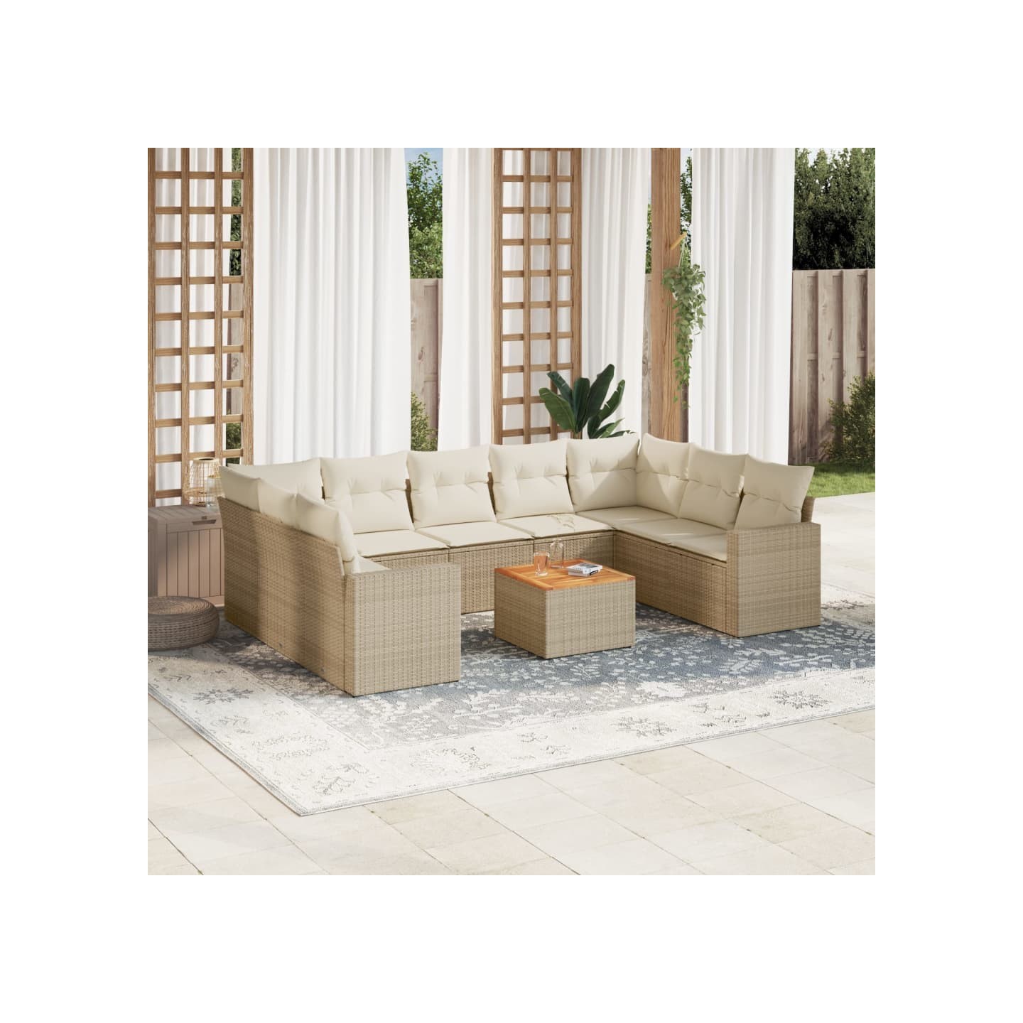 Salon de jardin avec coussins 10 pcs beige résine tressée