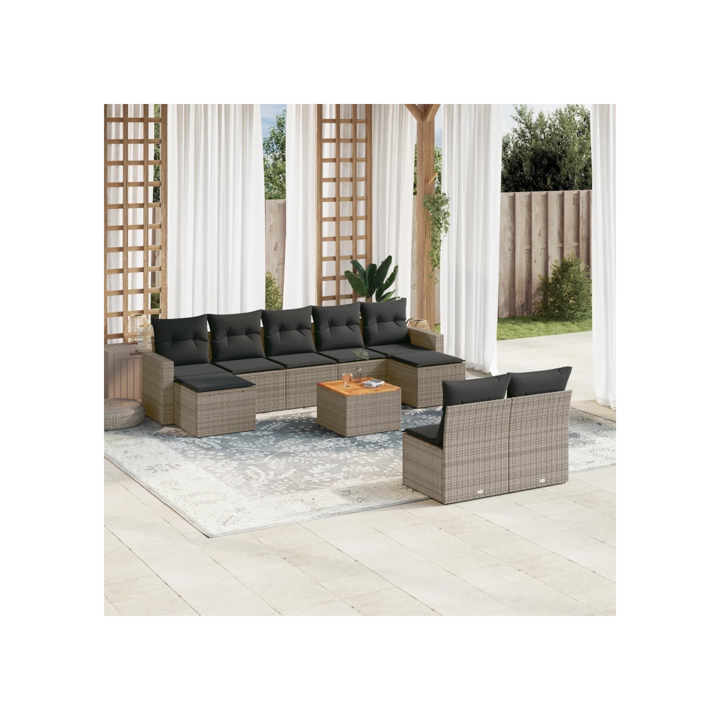 Salon de jardin avec coussins 10 pcs gris résine tressée