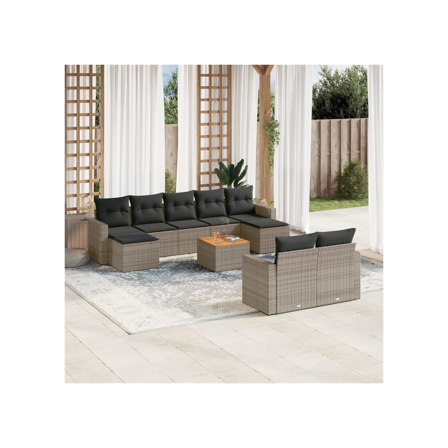 Salon de jardin avec coussins 10 pcs gris résine tressée
