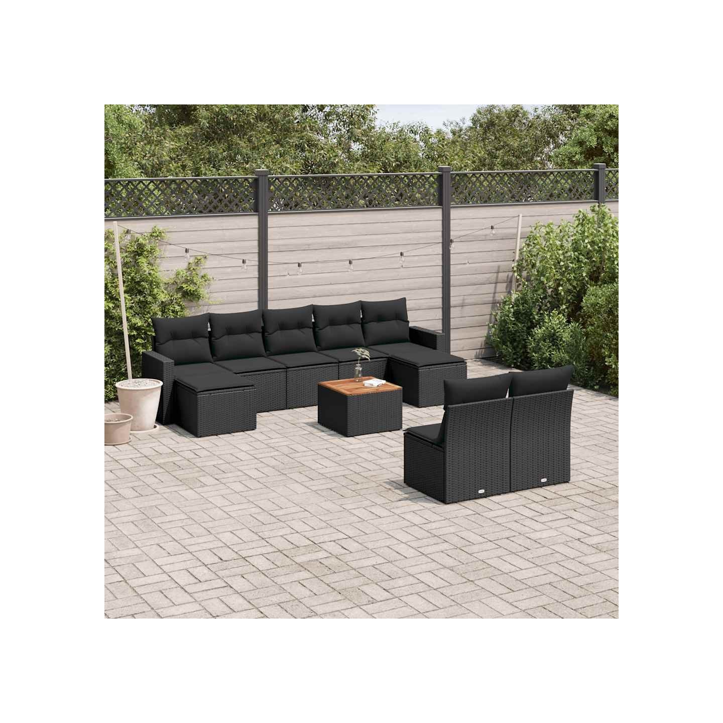 Salon de jardin 10 pcs avec coussins noir résine tressée