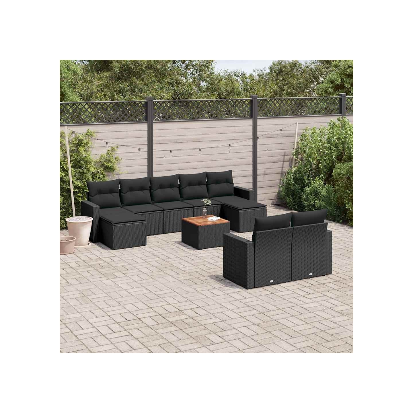 Salon de jardin 10 pcs avec coussins noir résine tressée