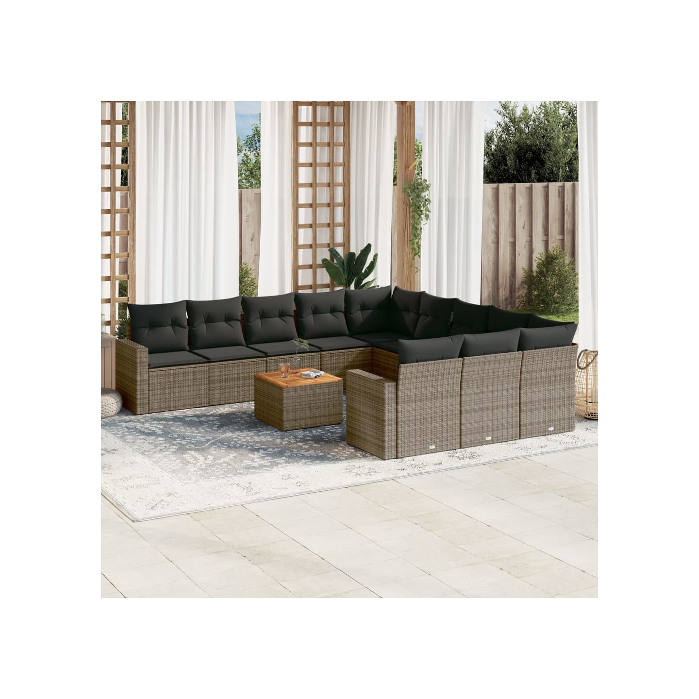 Salon de jardin avec coussins 12 pcs gris résine tressée
