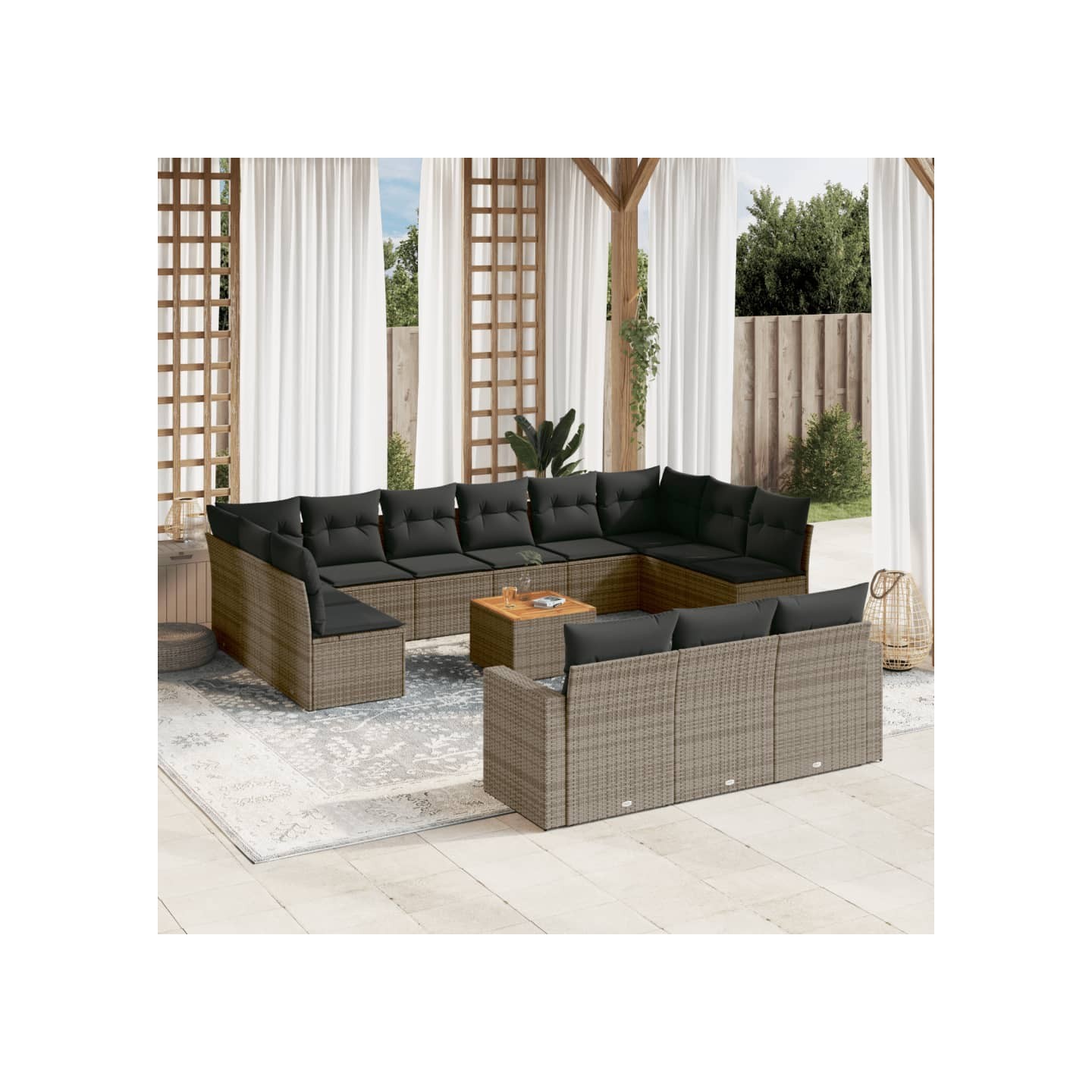 Salon de jardin avec coussins 14 pcs gris résine tressée