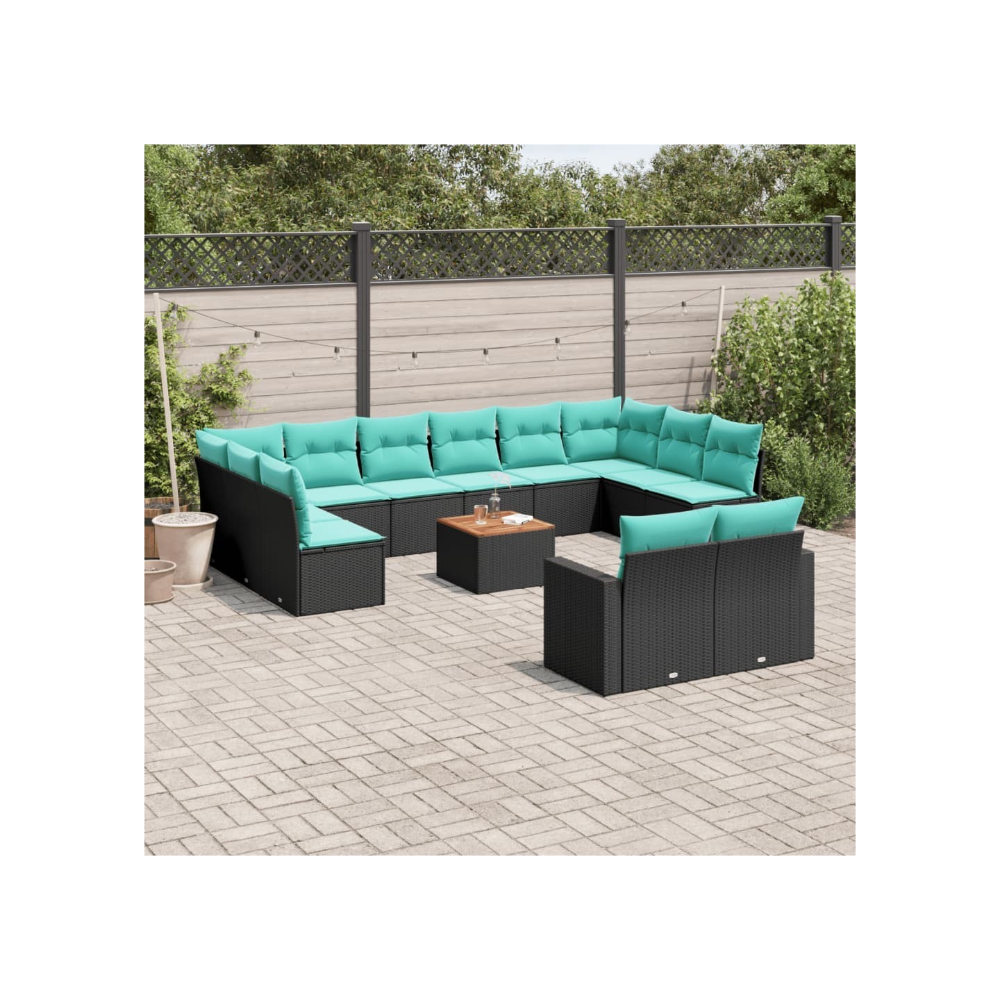 Salon de jardin avec coussins 13 pcs noir résine tressée