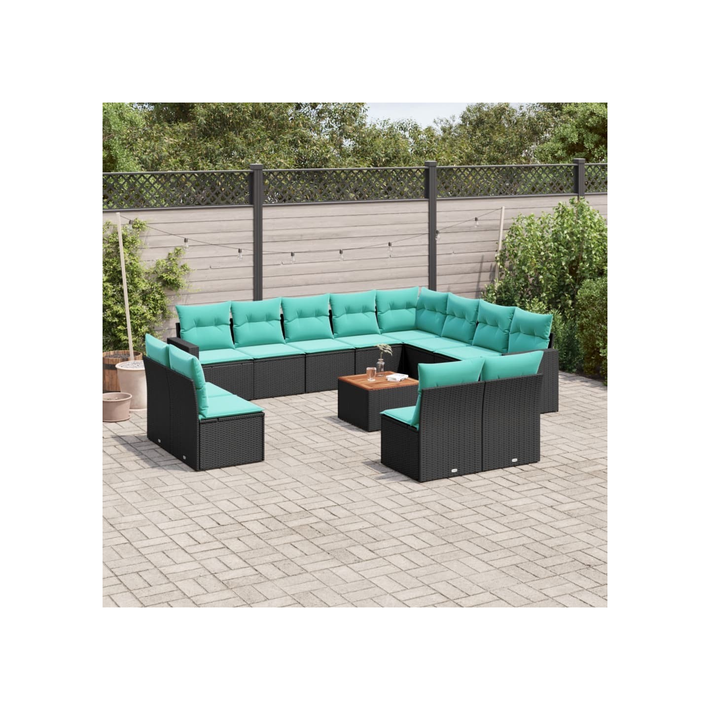 Salon de jardin avec coussins 13 pcs noir résine tressée