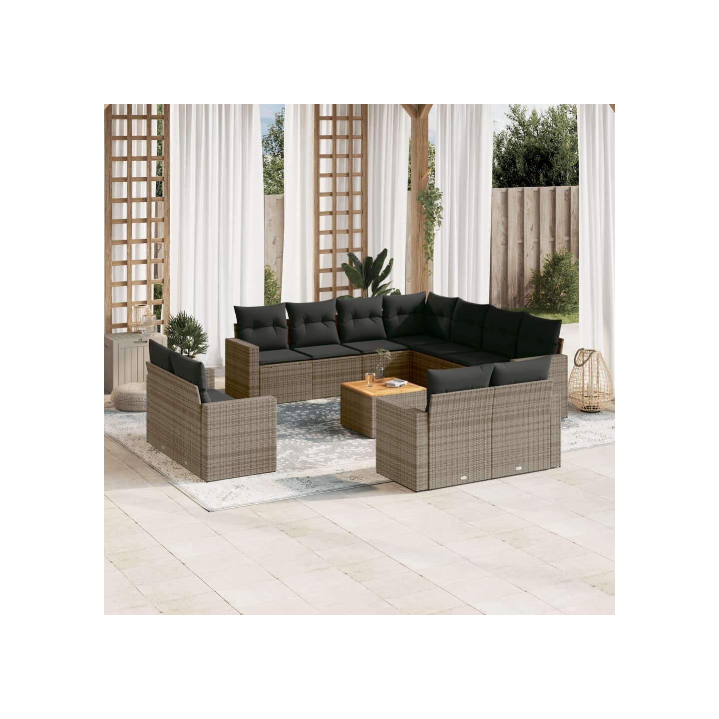 Salon de jardin avec coussins 12 pcs gris résine tressée