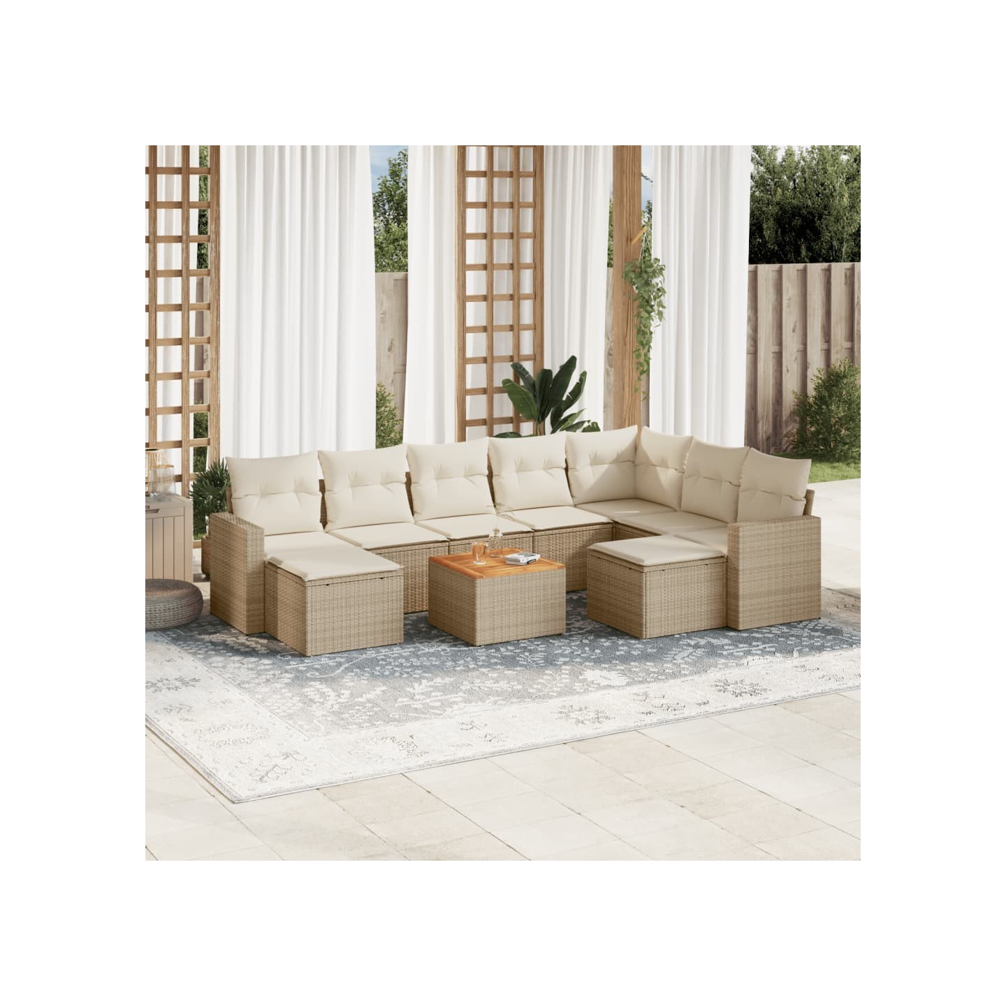 Salon de jardin avec coussins 10 pcs beige résine tressée