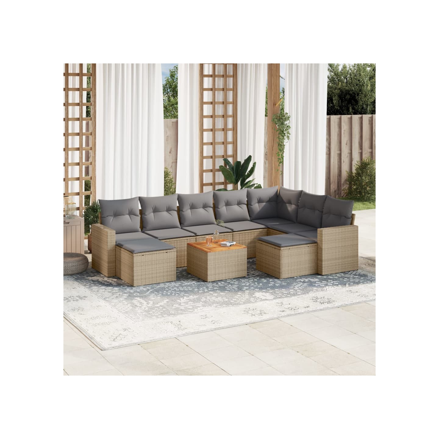 Salon de jardin et coussins 10 pcs mélange beige résine tressée