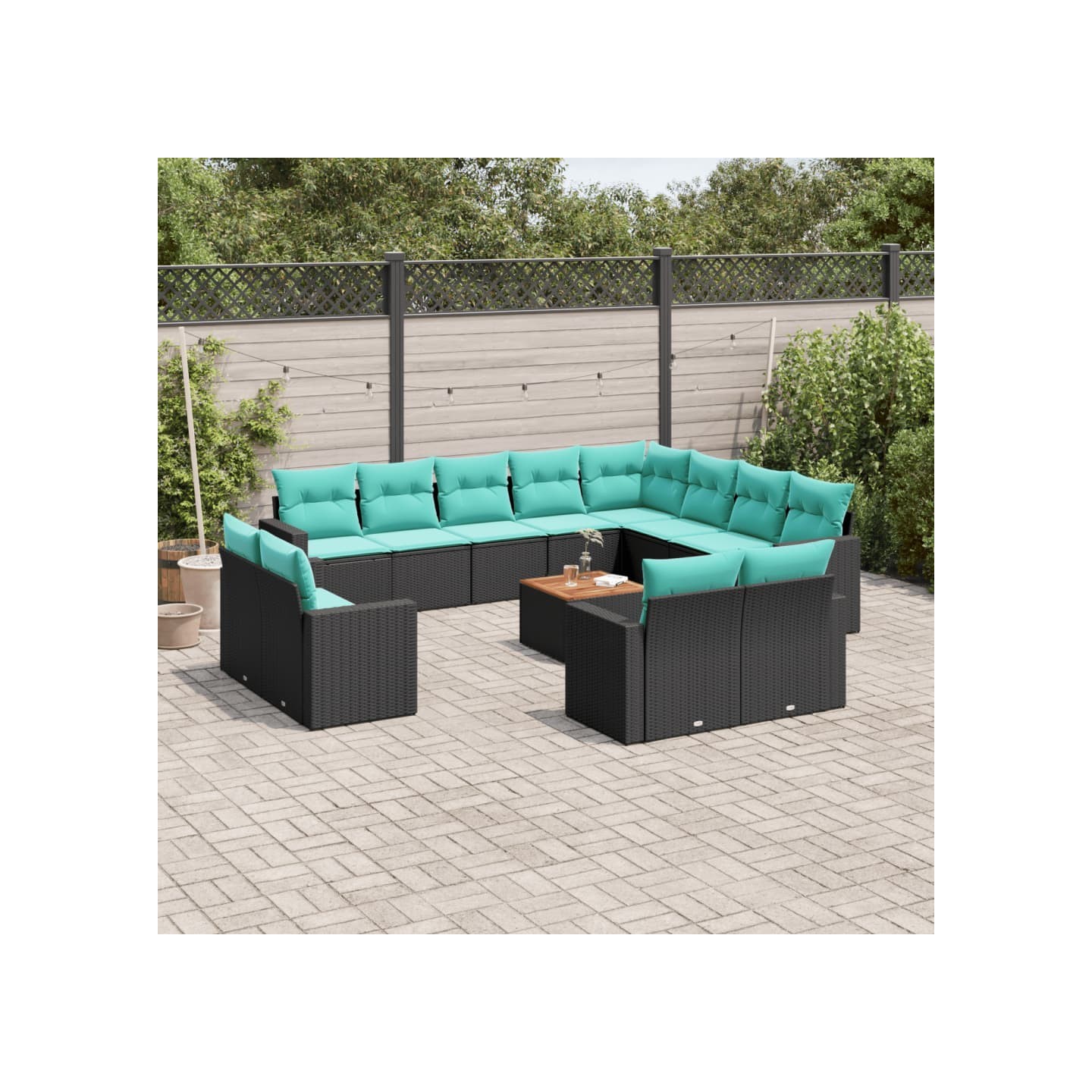 Salon de jardin avec coussins 13 pcs noir résine tressée