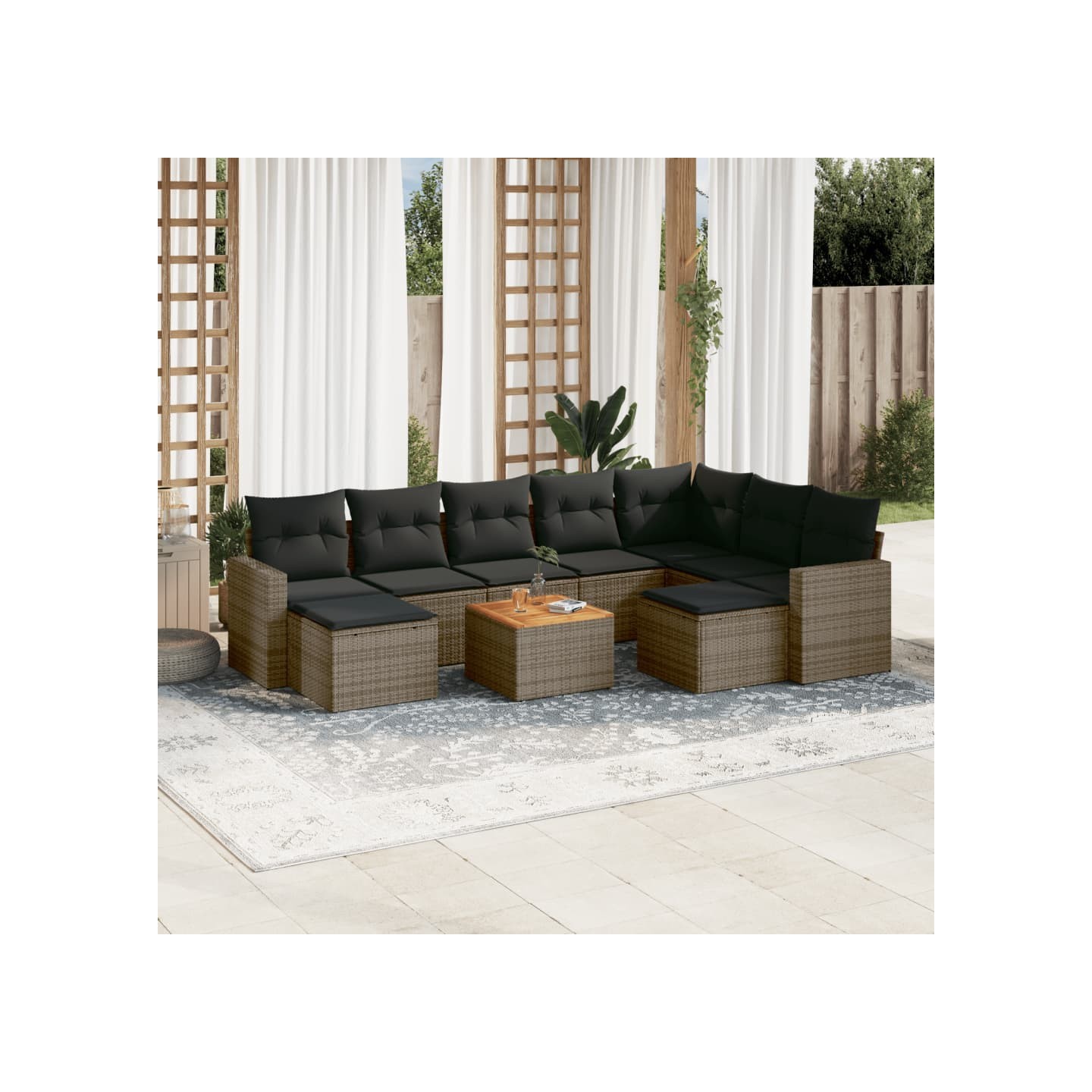 Salon de jardin avec coussins 10 pcs gris résine tressée