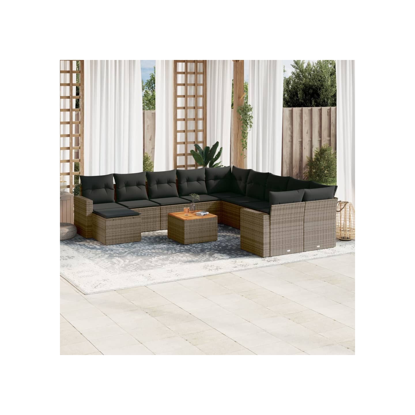 Salon de jardin avec coussins 12 pcs gris résine tressée