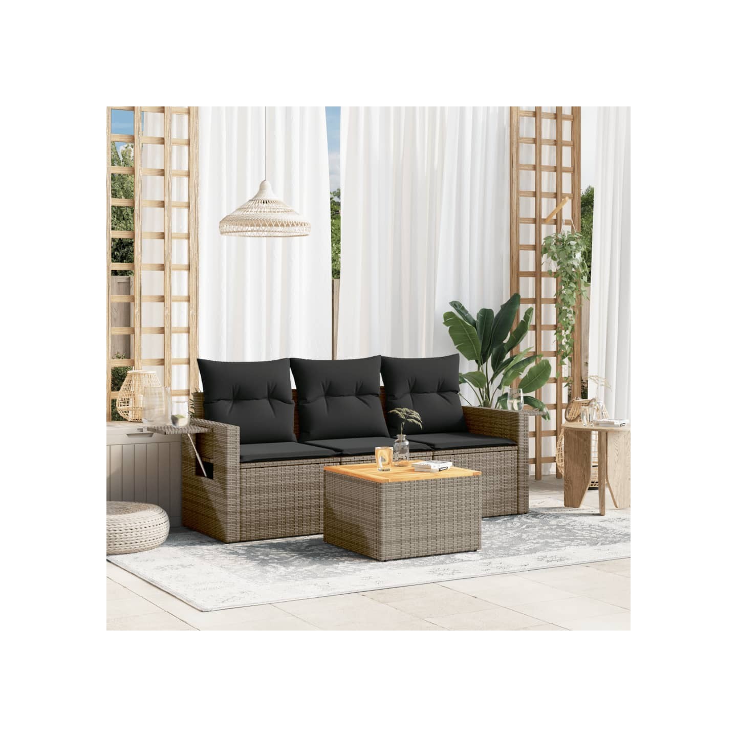 Salon de jardin 4 pcs avec coussins gris résine tressée