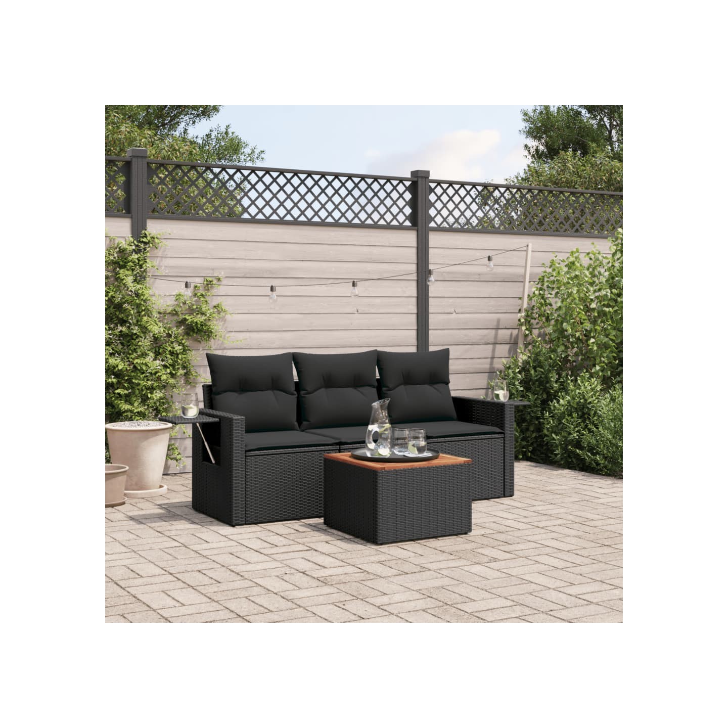 Salon de jardin 4 pcs avec coussins noir résine tressée