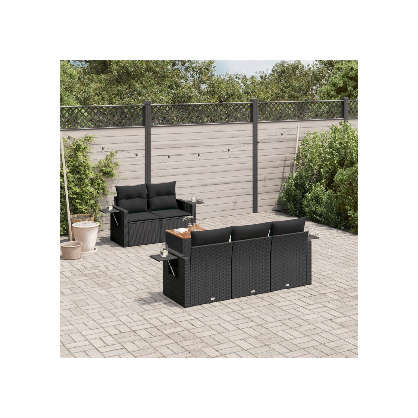 Salon de jardin 6 pcs avec coussins noir résine tressée