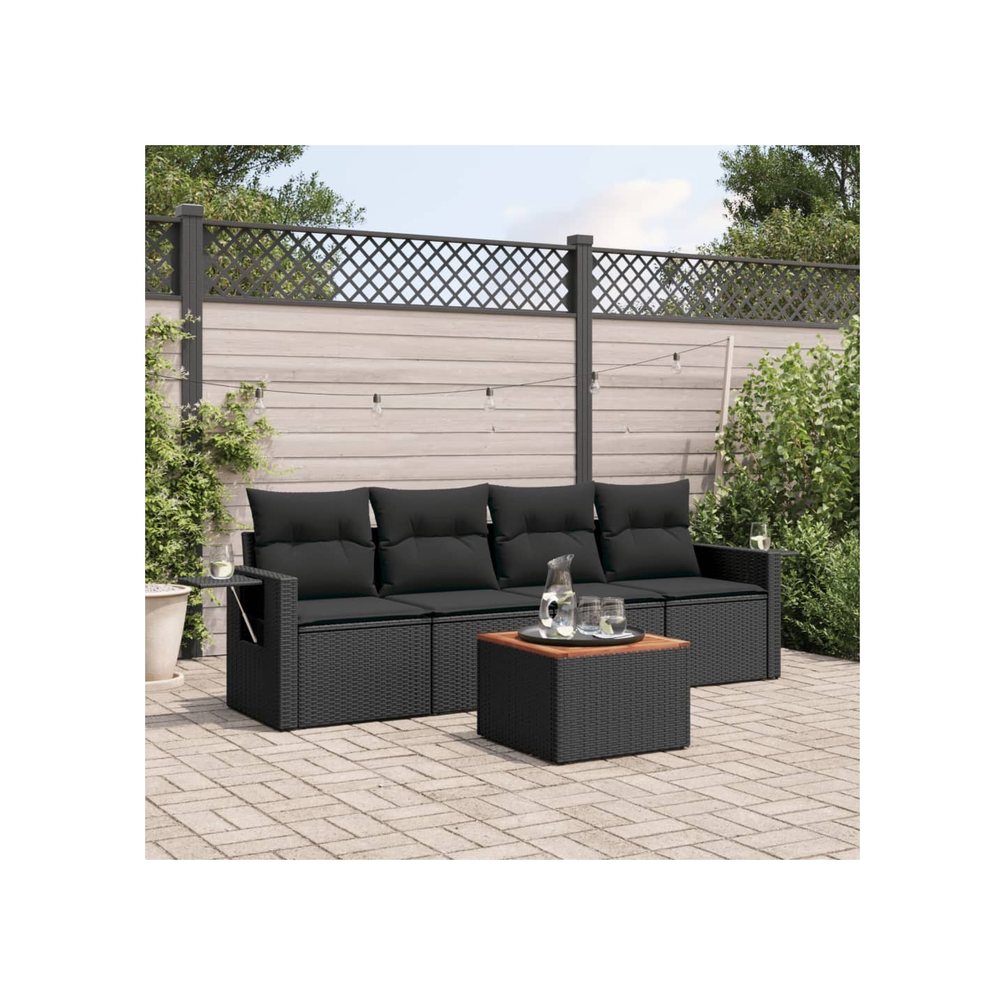 Salon de jardin 5 pcs avec coussins noir résine tressée