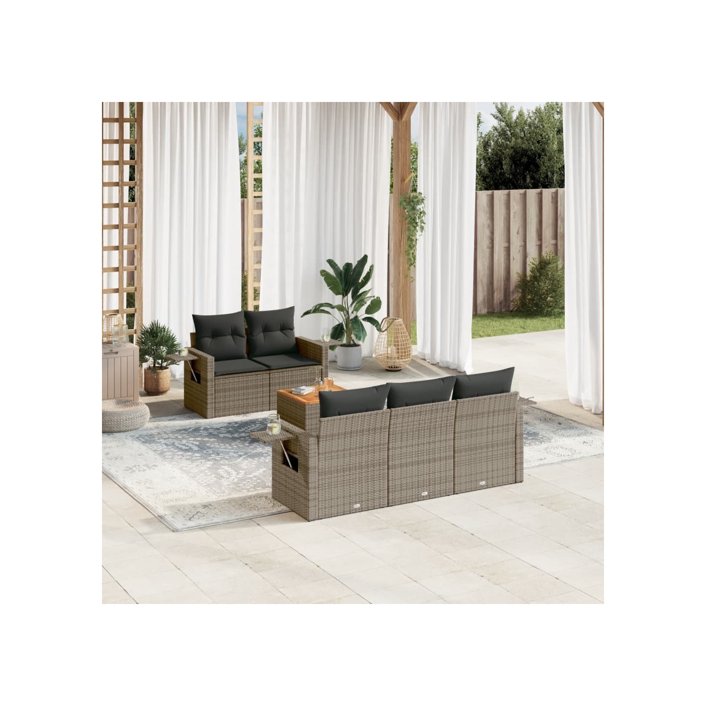 Salon de jardin 6 pcs avec coussins gris résine tressée
