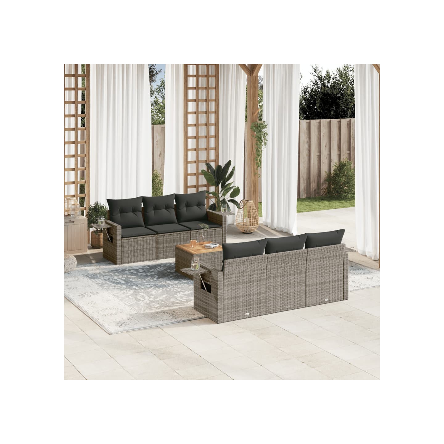 Salon de jardin avec coussins 7 pcs gris résine tressée