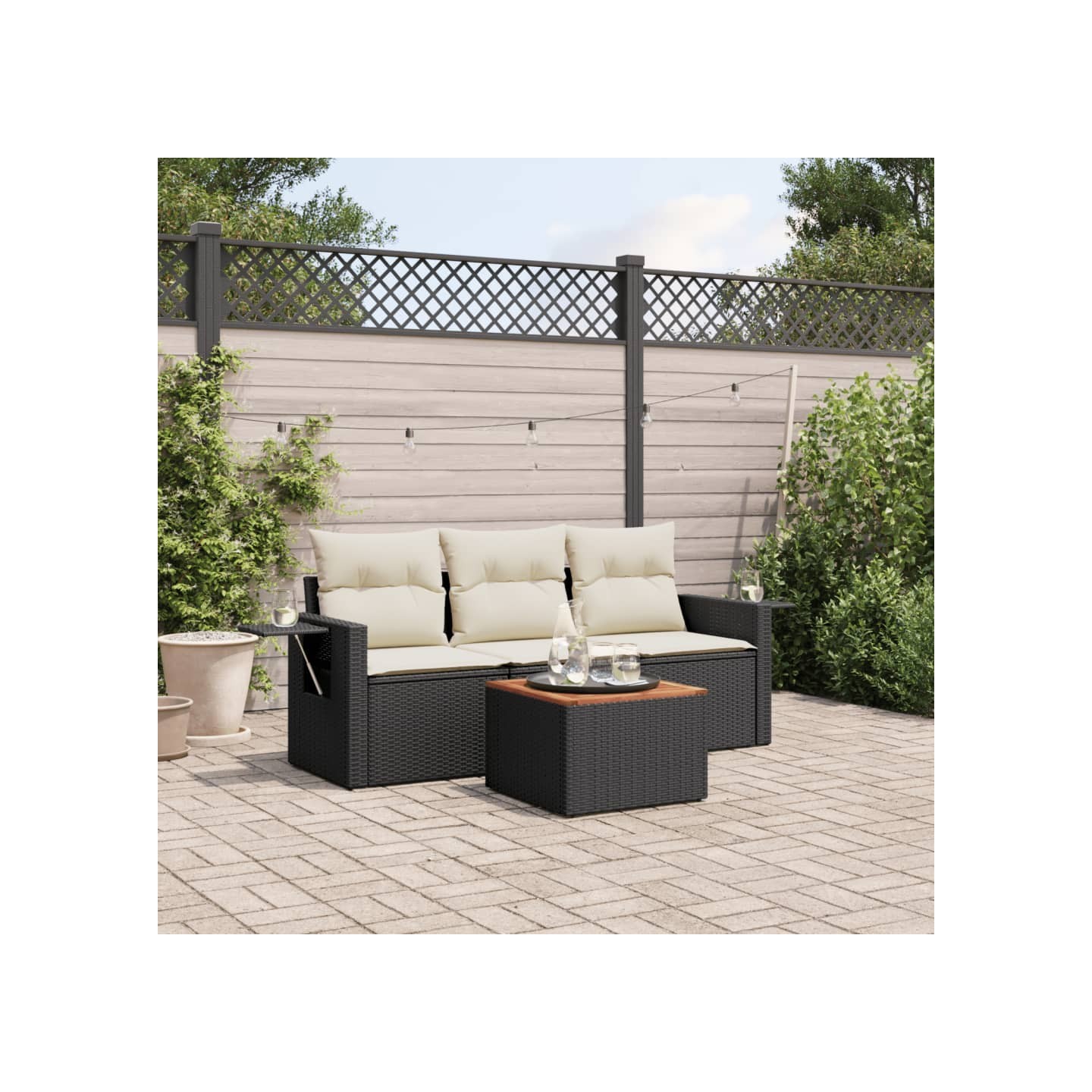 Salon de jardin 4 pcs avec coussins noir résine tressée