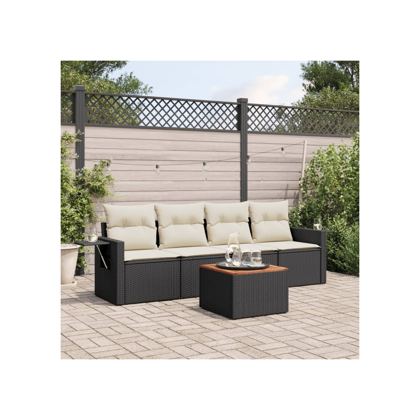 Salon de jardin 5 pcs avec coussins noir résine tressée