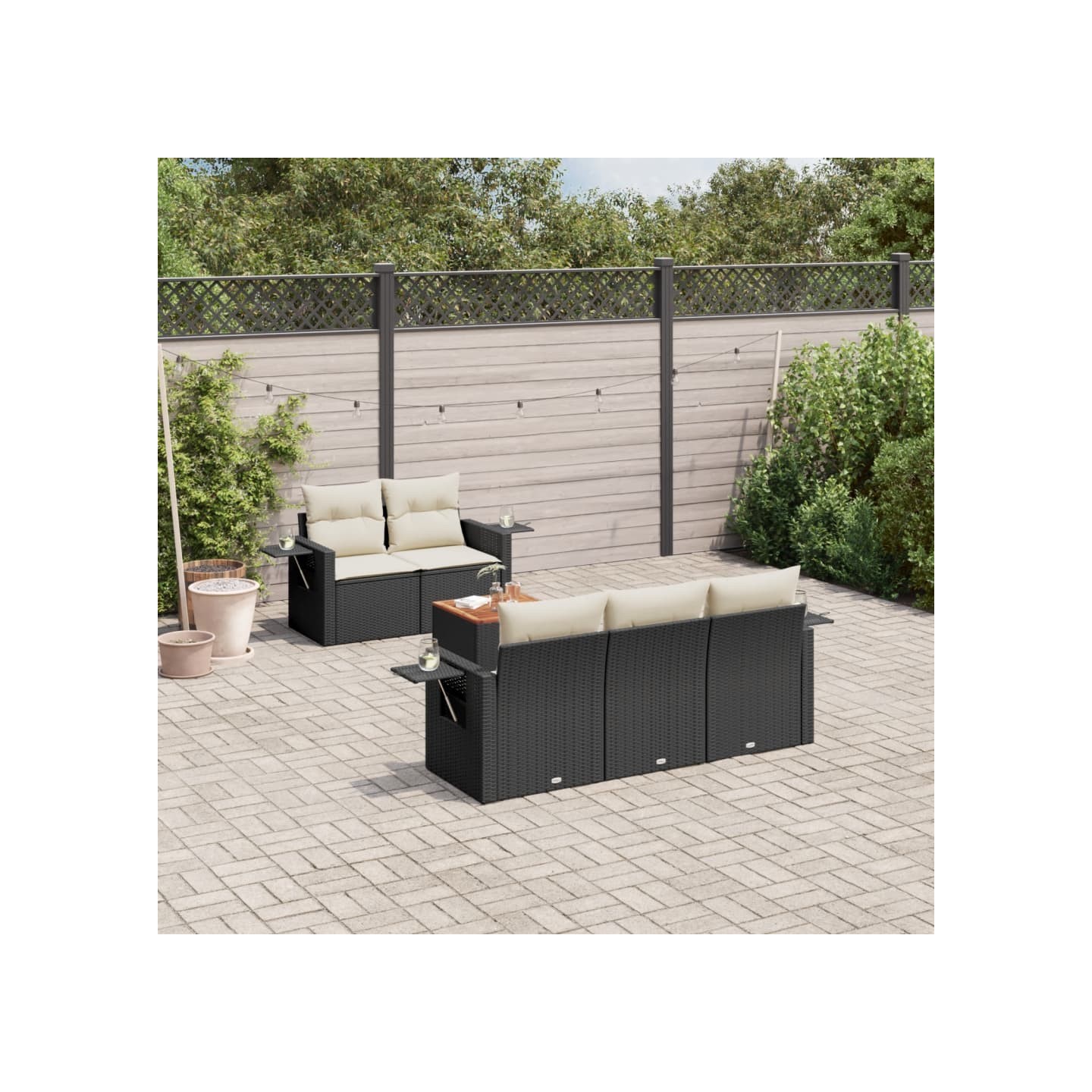 Salon de jardin 6 pcs avec coussins noir résine tressée