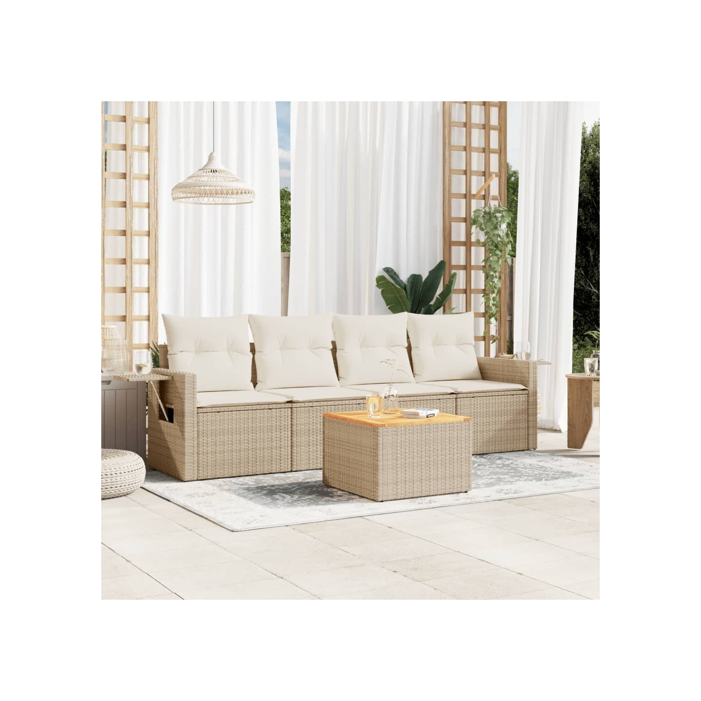 Salon de jardin avec coussins 5 pcs beige résine tressée