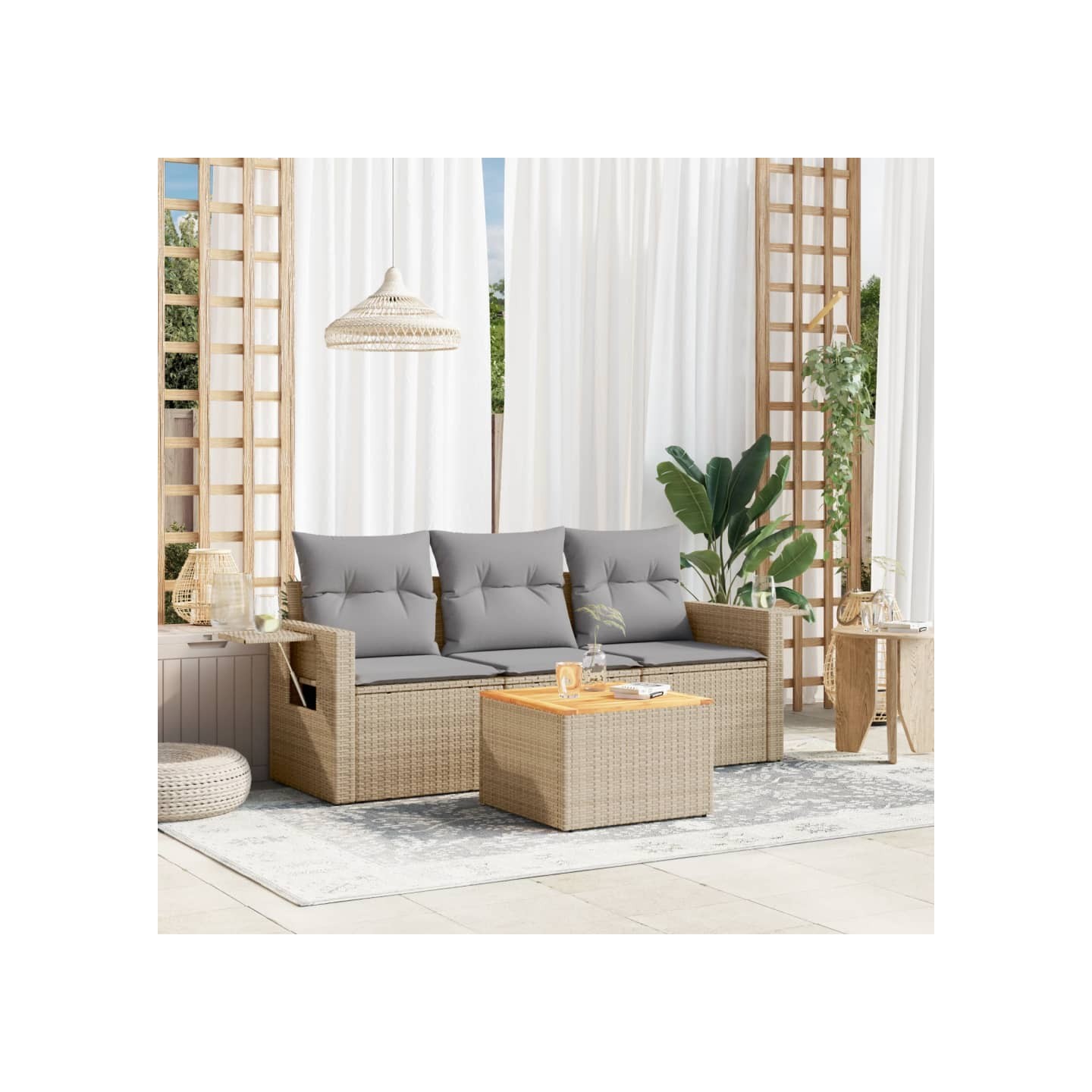 Salon de jardin avec coussins 4pcs mélange beige résine tressée