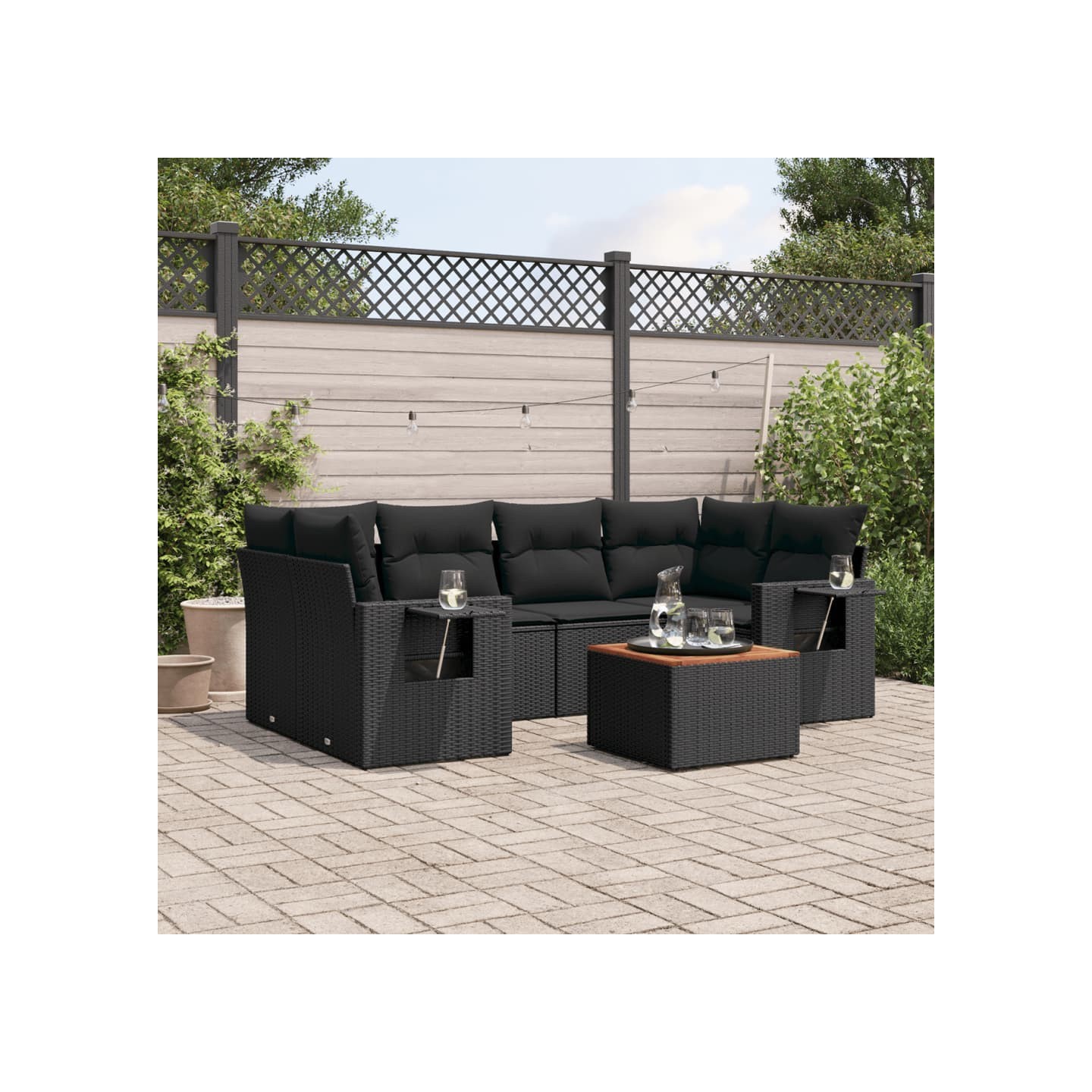 Salon de jardin 7 pcs avec coussins noir résine tressée