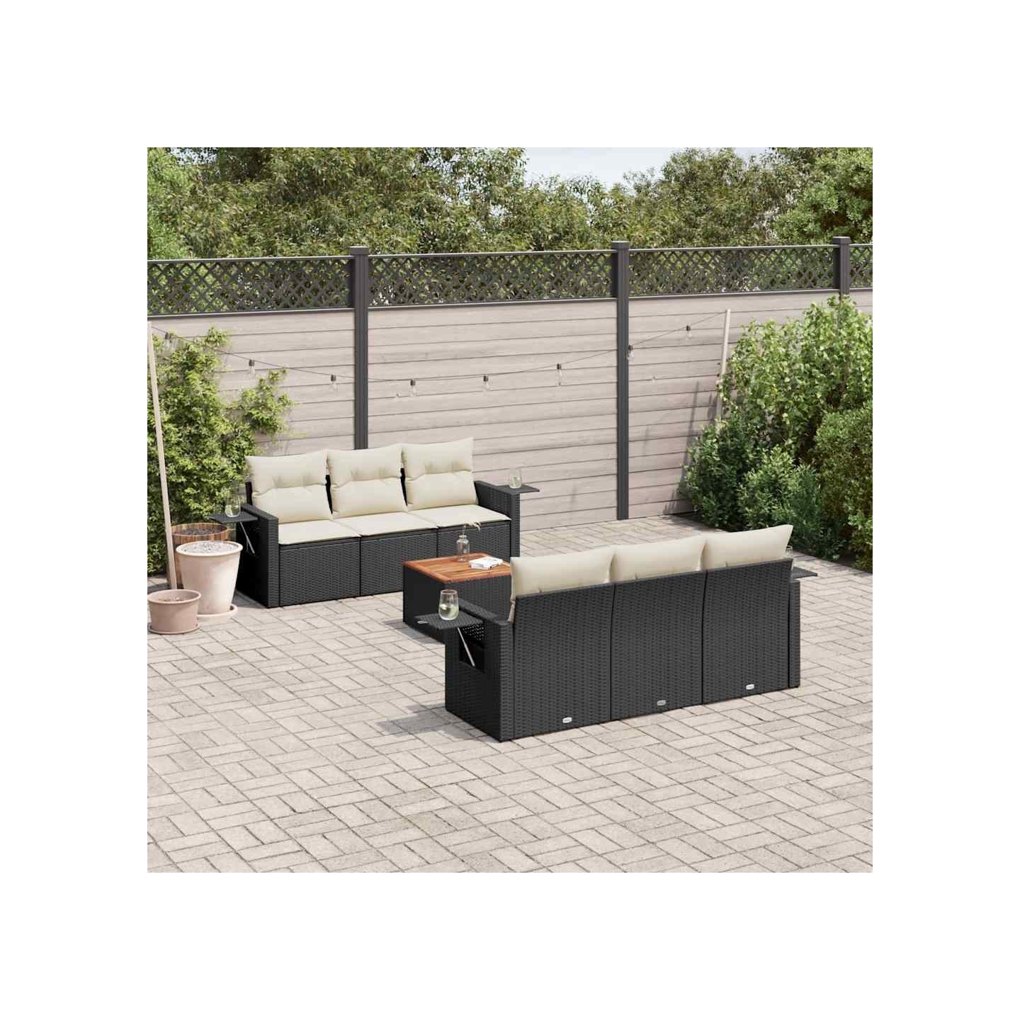 Salon de jardin 7 pcs avec coussins noir résine tressée