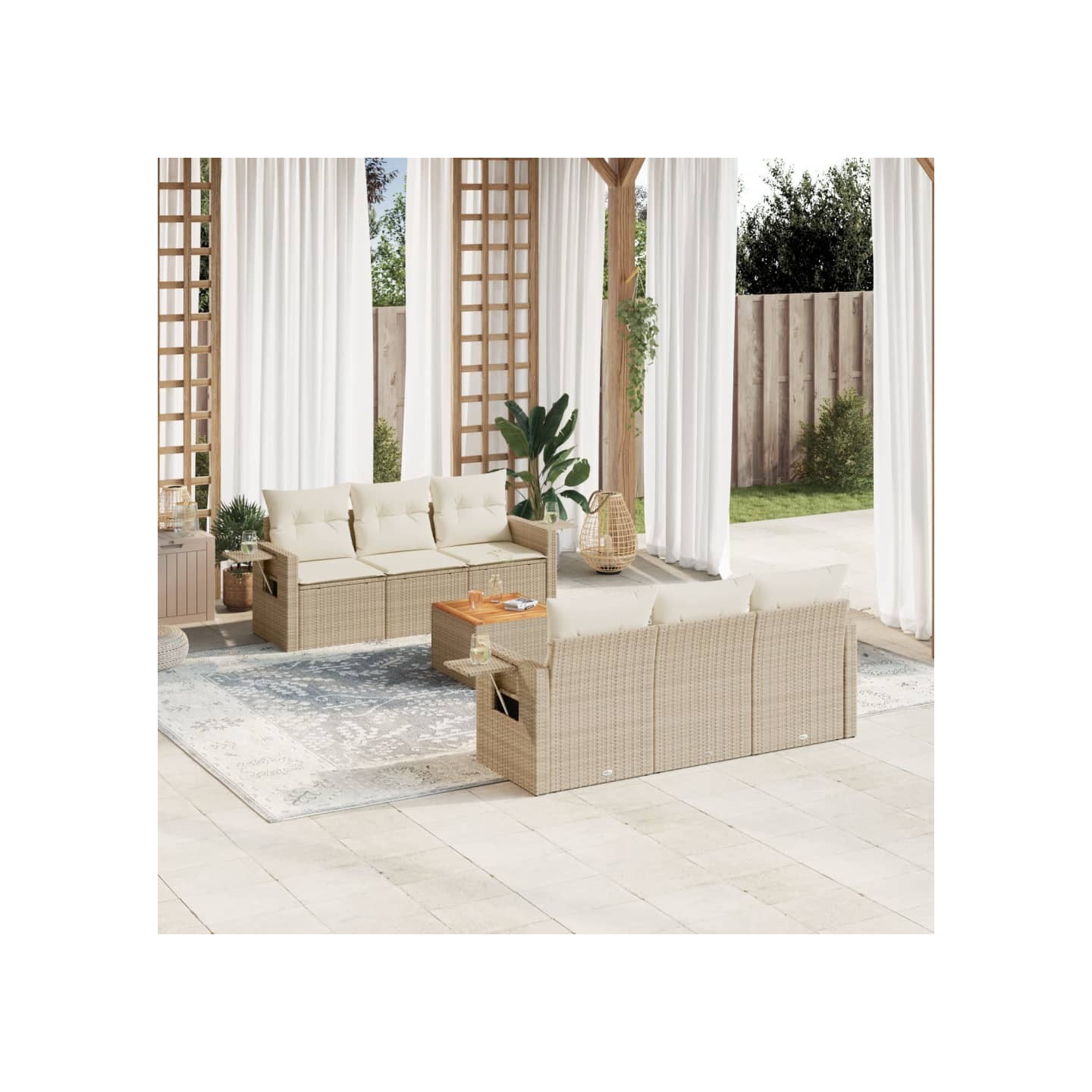 Salon de jardin avec coussins 7 pcs beige résine tressée
