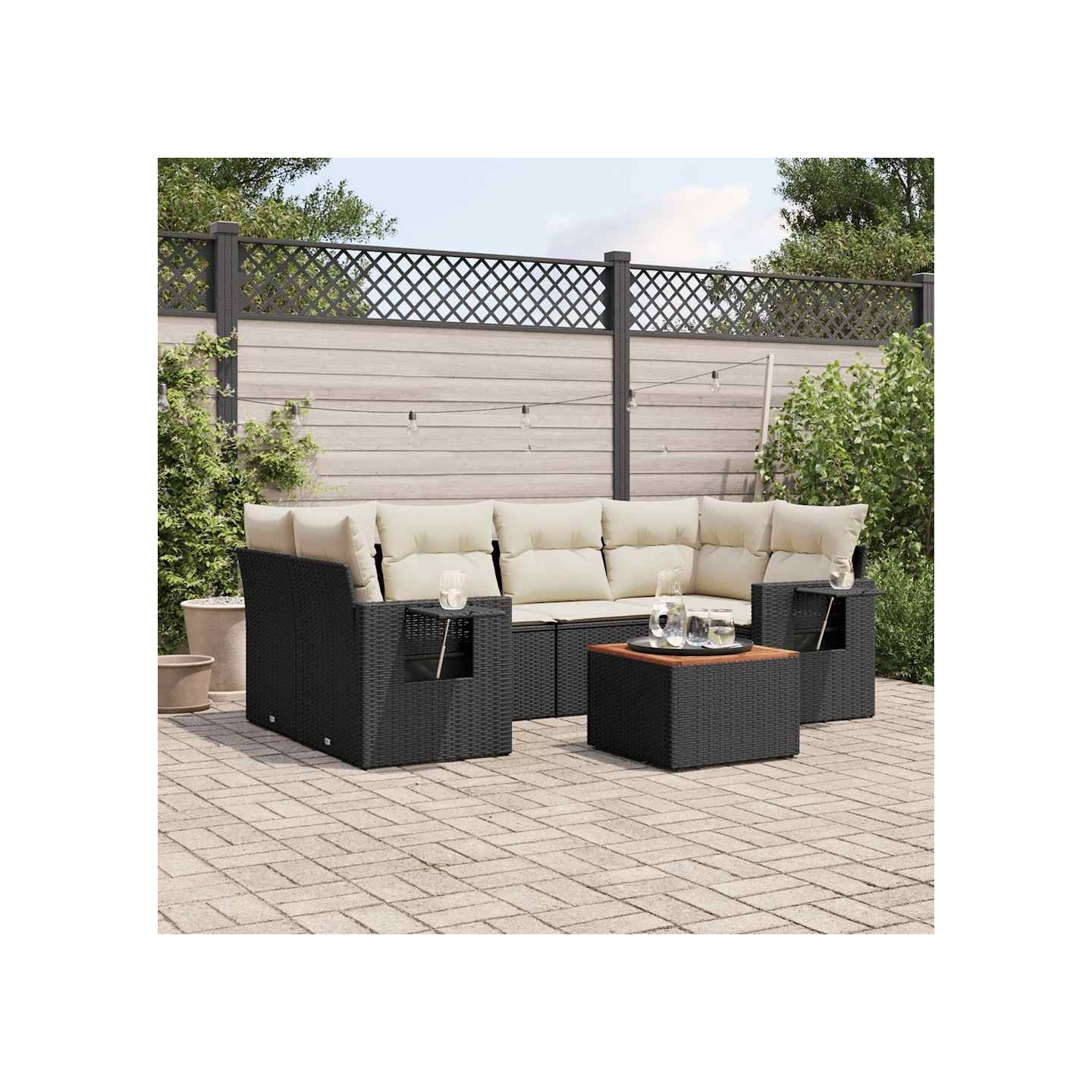 Salon de jardin 7 pcs avec coussins noir résine tressée