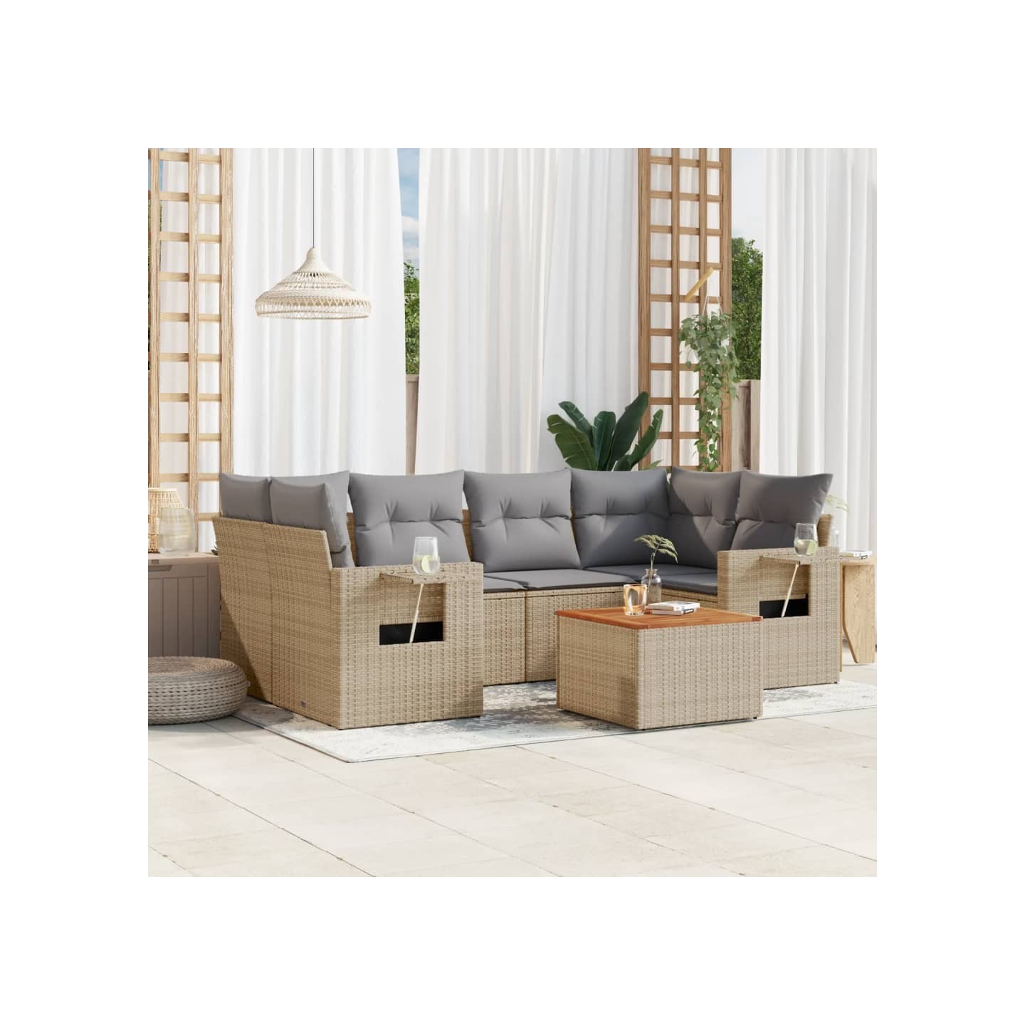 Salon de jardin avec coussins 7pcs mélange beige résine tressée