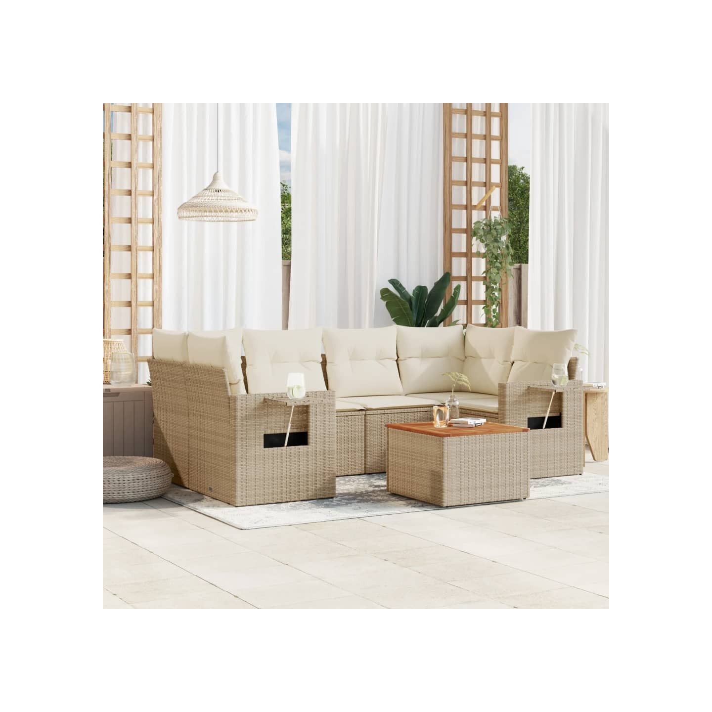 Salon de jardin avec coussins 7 pcs beige résine tressée