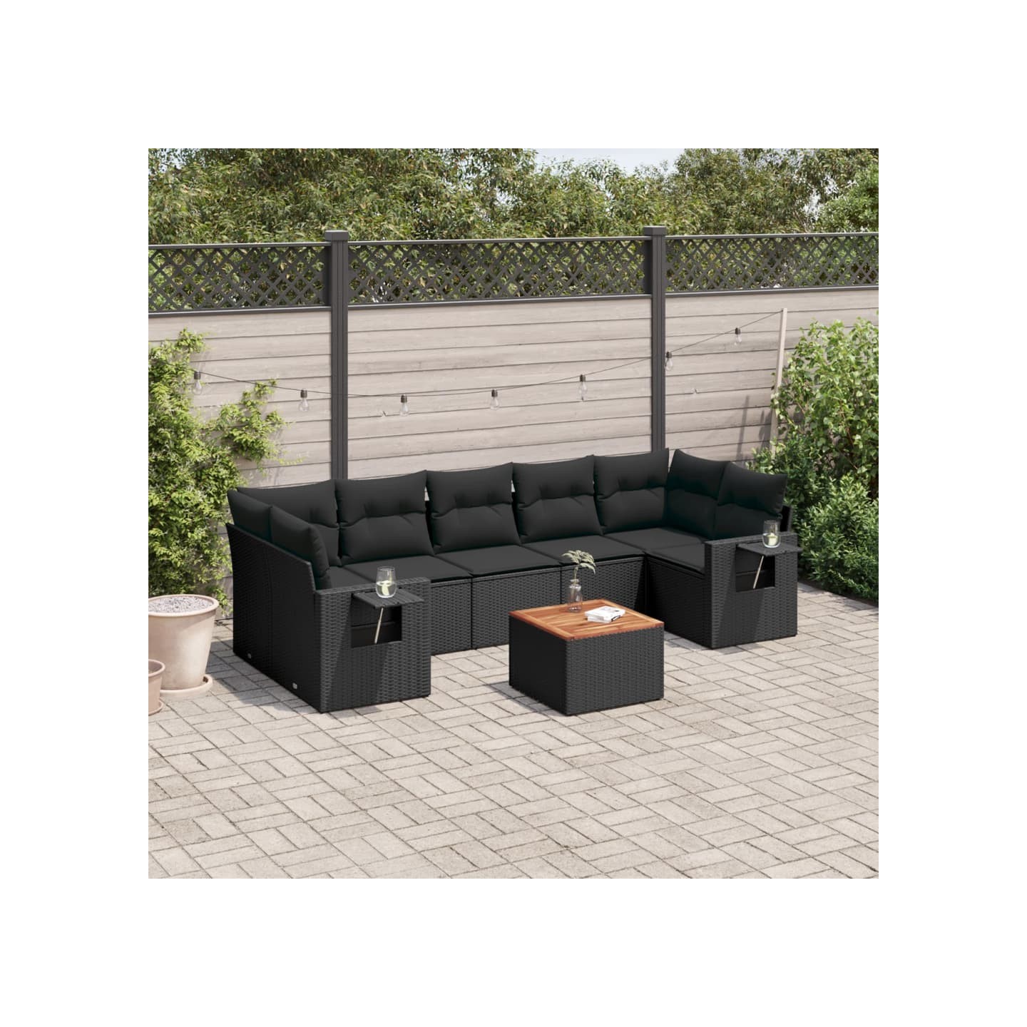 Salon de jardin 8 pcs avec coussins noir résine tressée
